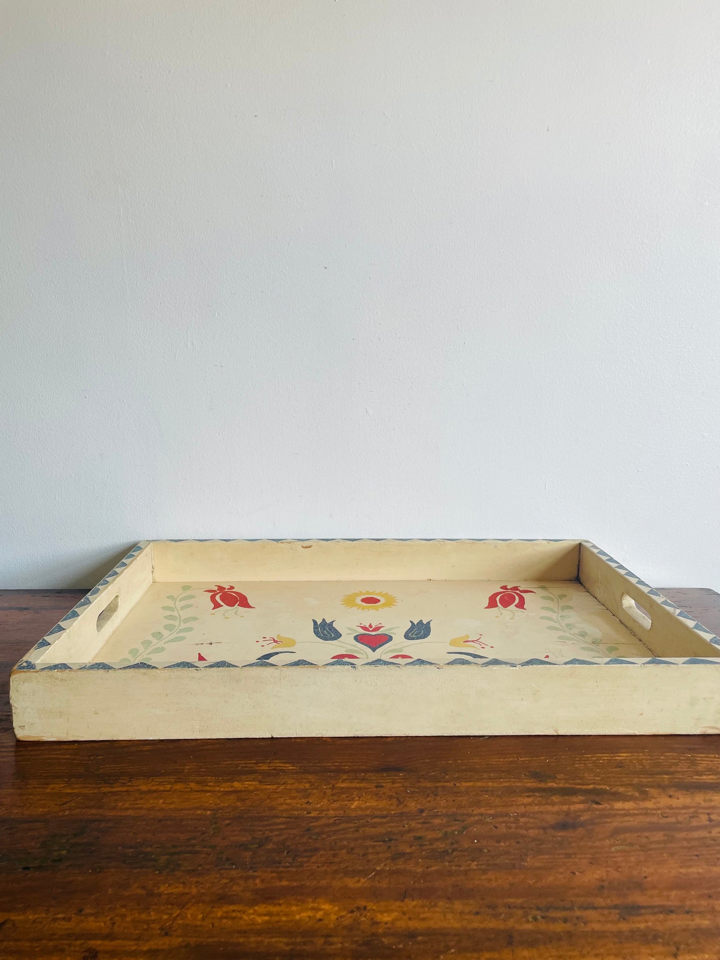 Hand Painted Wood Deep Serving Tray with Handles - Bird & Flower Folk Art Design