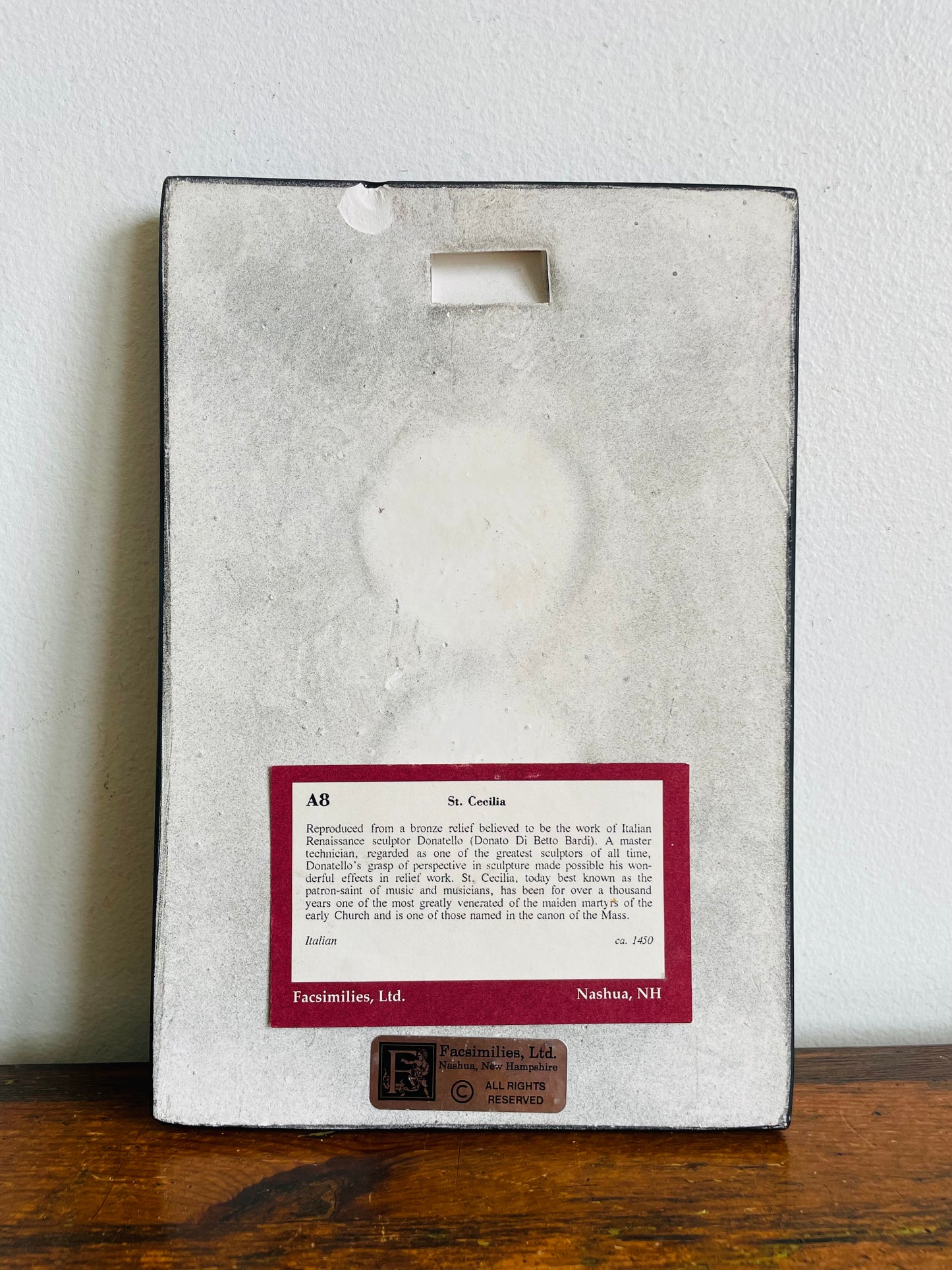 Vintage 1989 Facsimilies Ltd. Saint Cecilia Wall Hanging Plaque Picture - Patron Saint of Music & Musicians - Reproduced from Donatello's Bronze Relief Sculpture