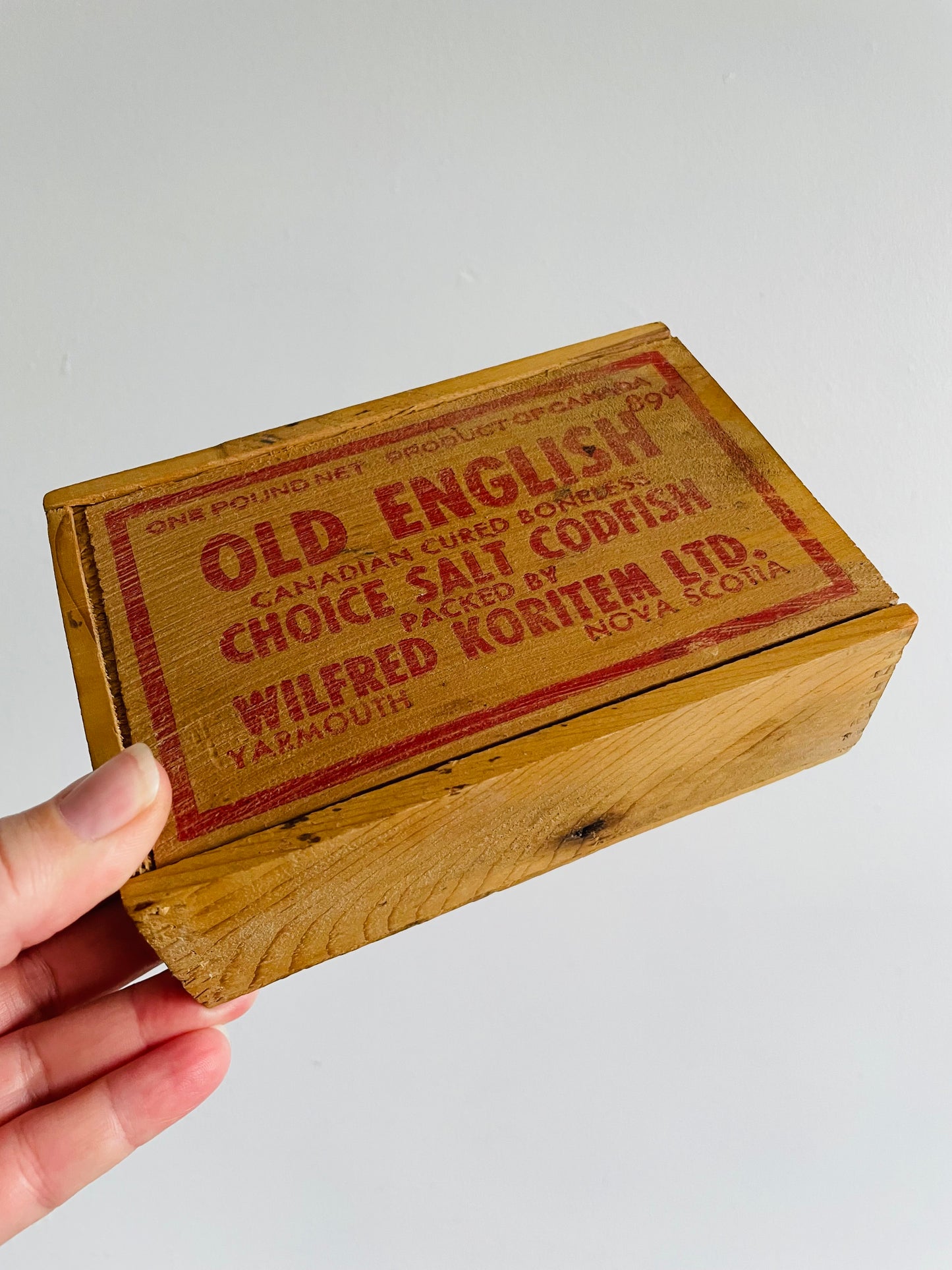 Old English Choice Salt Codfish Wood Box with Sliding Lid - One Pound Net - Packed by Wilfred Koritem Ltd. Yarmouth Nova Scotia