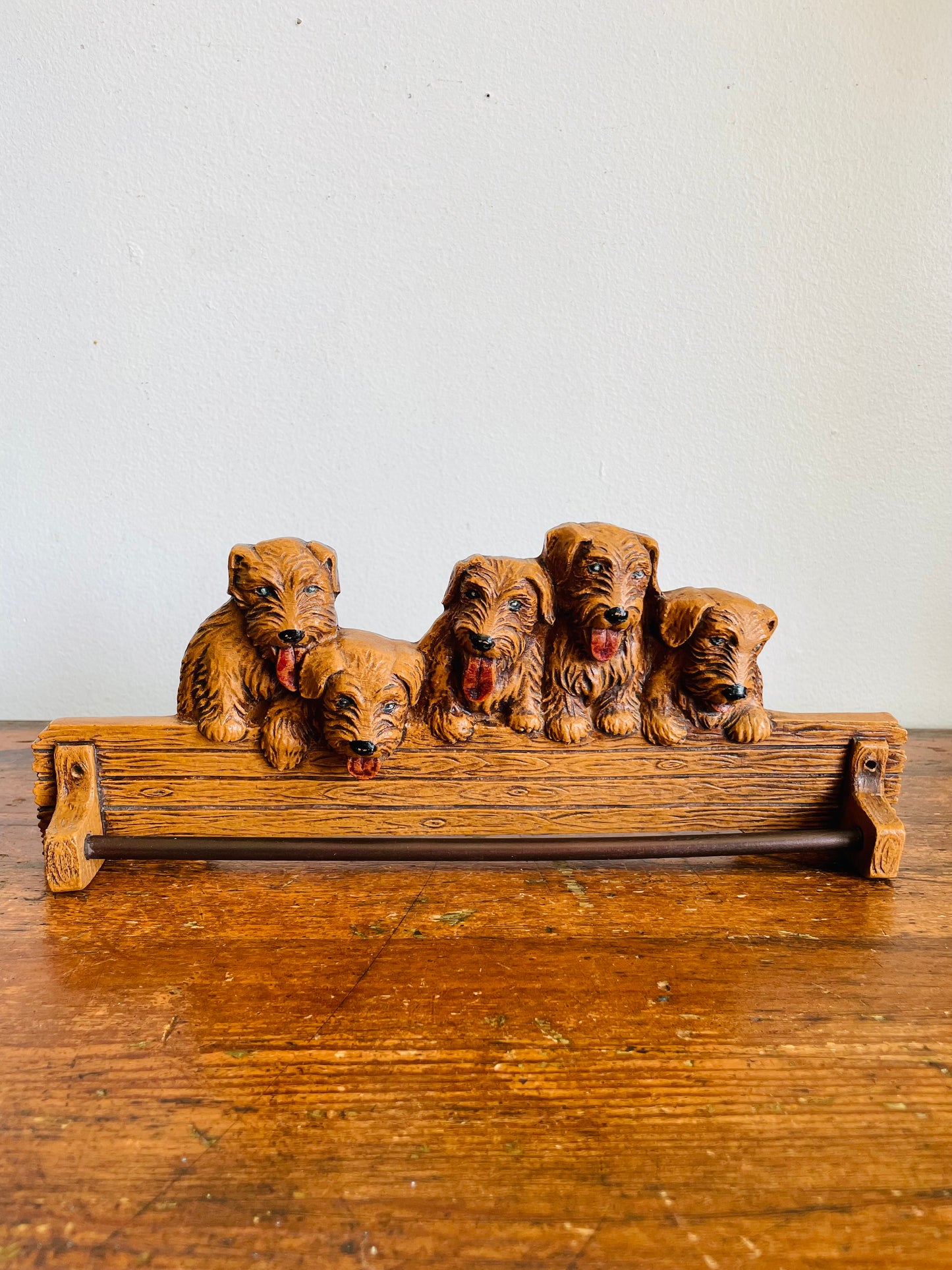 Vintage Resin & Wood Wall Mount Rack Hanger with Adorable Puppy Dog Design - Great for Towels, Scarves, Belts, Necklaces, Etc.