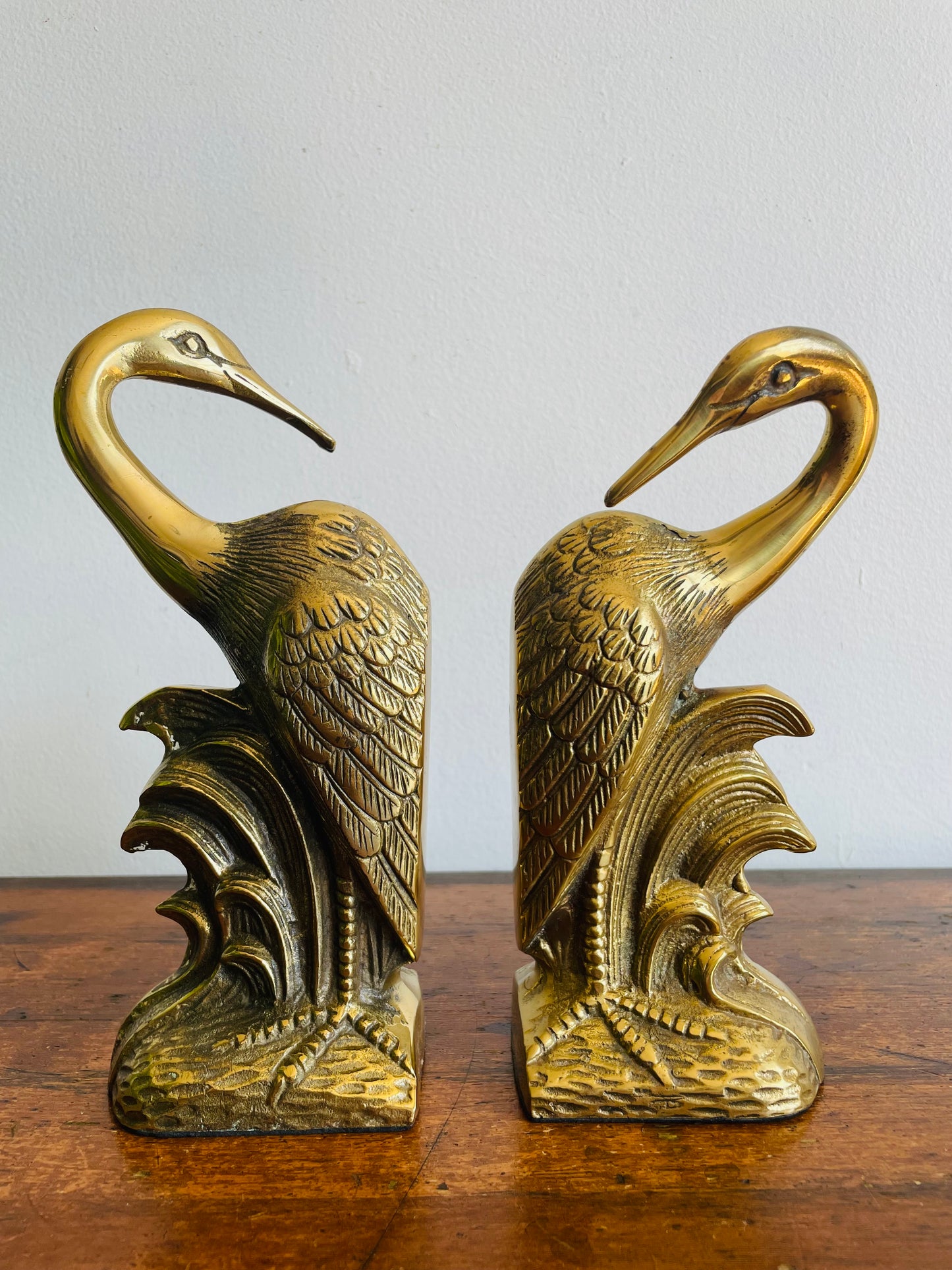 Solid Brass Heron or Crane Bird Bookends - Set of 2 - 1991 Made in Korea