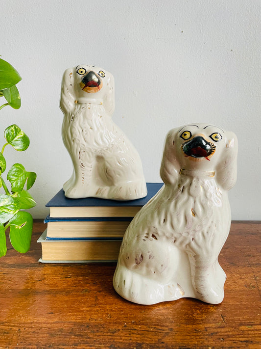 Vintage Staffordshire Fireplace Mantle Dogs - White Spaniel Statue Figurines - Set of 2 - Please Read