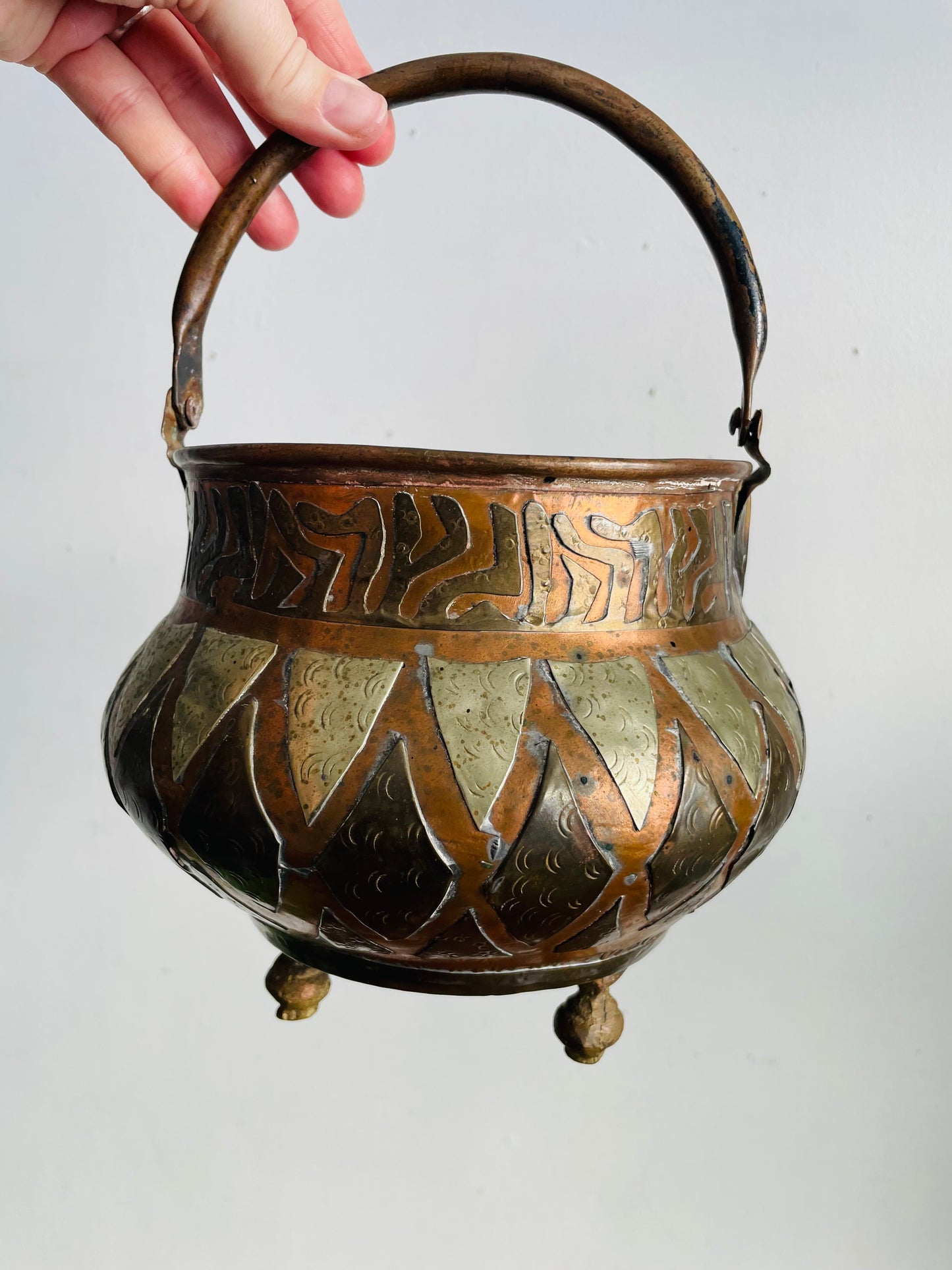 Vintage / Possibly Antique Turkish Hammered Copper Cauldron Pot with Brass & Mixed Metal Geometric Design & Swing Handle - Makes a Great Planter!