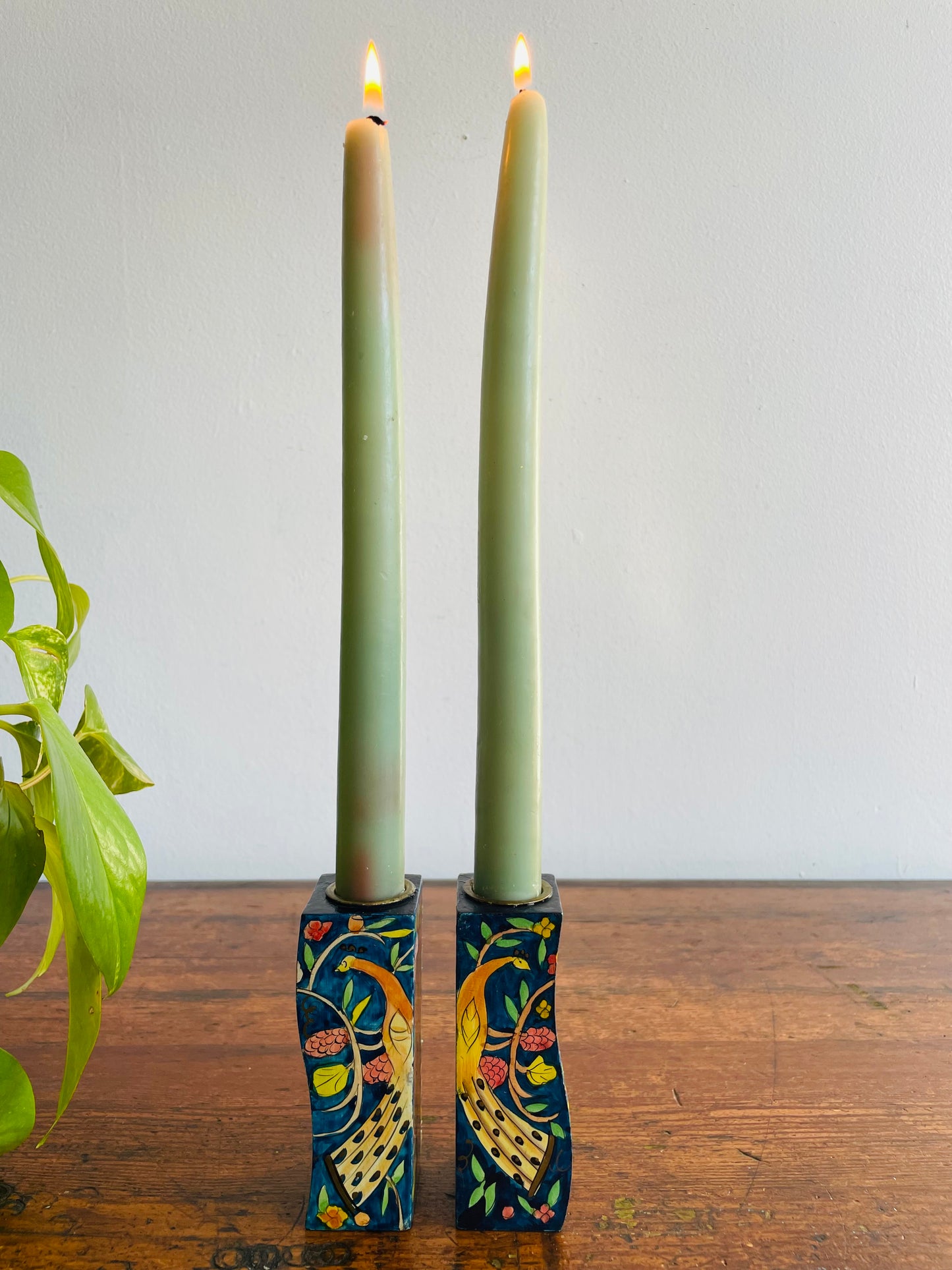 Israeli Lacquered Wood Wavy Candle Holders with Hand Painted Peacock, Lion, Deer, Bird & Flower Design - Yair Emanuel Shabbat Candles