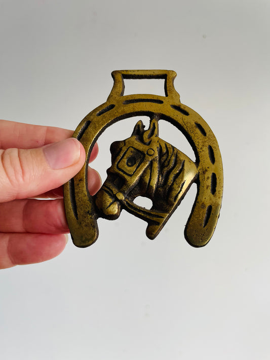 Vintage Horse Brass Medallion Hanging Wall Decor with Bridled Horse & Horseshoe