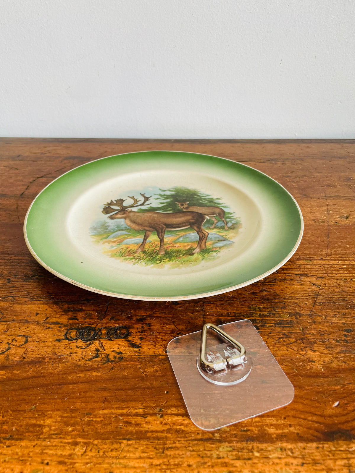 Antique Buffalo Pottery Plate with Caribou in Forest Nature Design - Includes Optional Plate Hanger