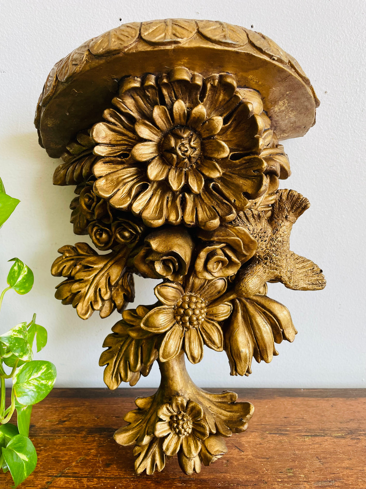 Vintage Gold Wall Floating Hanging Wall Shelf with Ornate Flower and Hummingbird Design