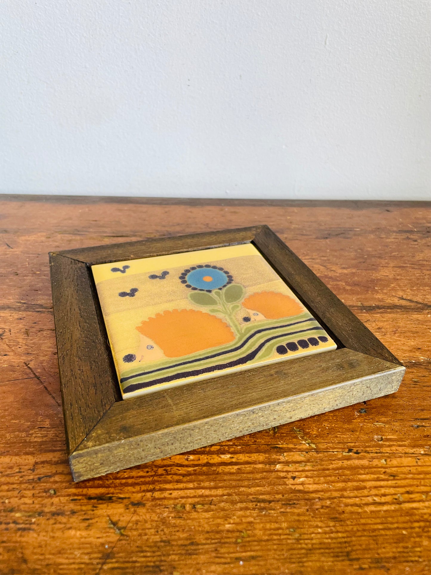 Vintage 1970s KMK Manuell German Hand Painted Studio Art Pottery Wall Hanging Tile Art in Wood Frame with Adorable & Bright Hedgehog & Flower Design