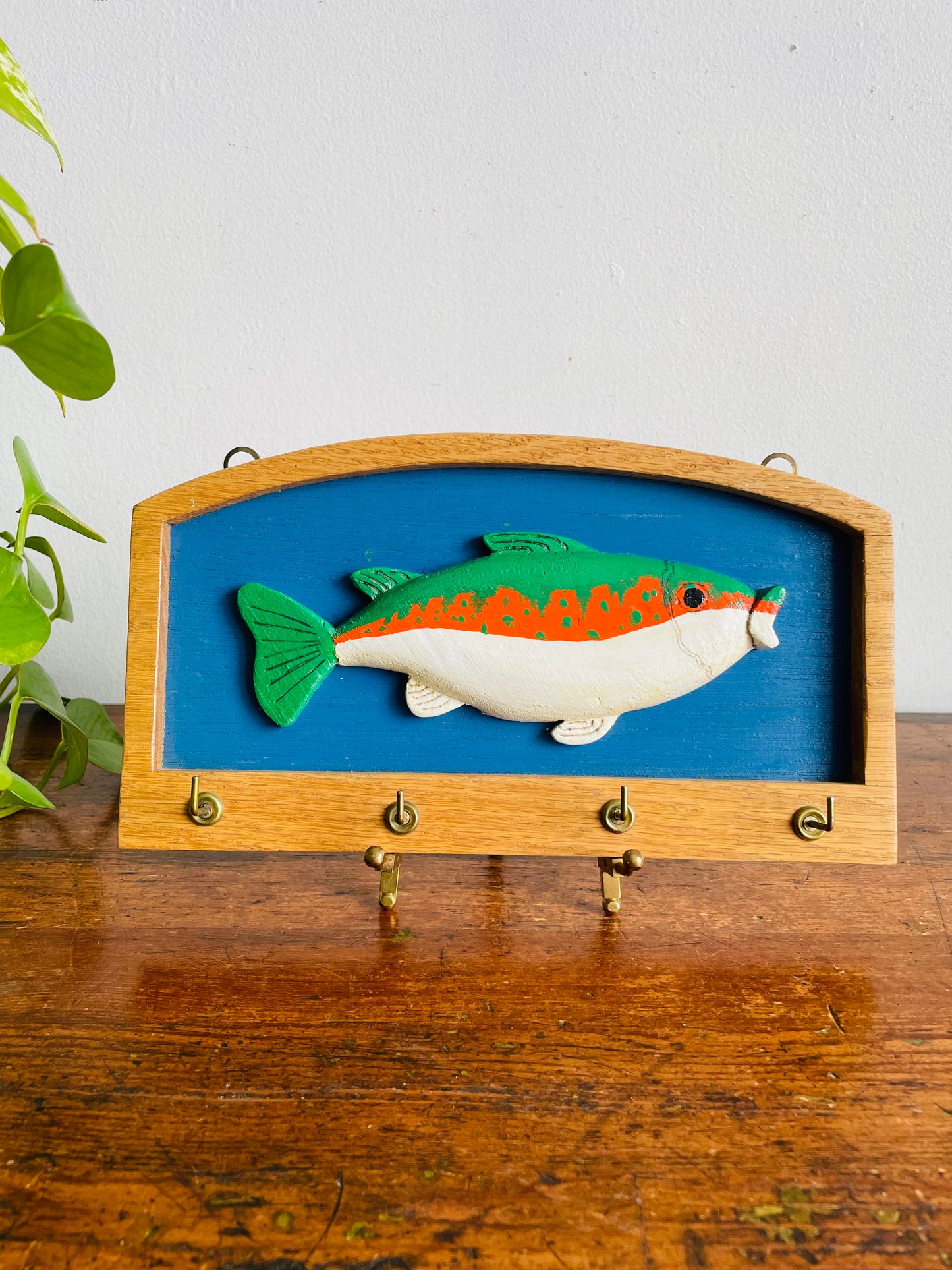 Vintage Handmade Wood Key Hook Rack with 4 Hooks - Brightly Coloured Rainbow Trout Fish Design - Artist Signed (2000)
