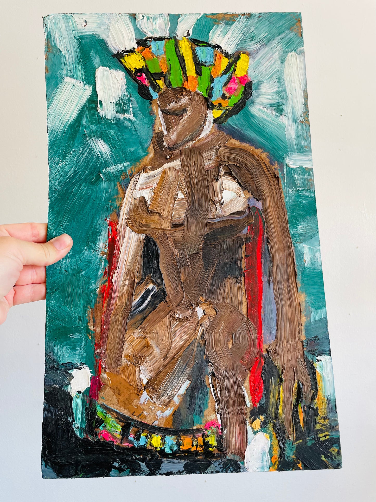 Original Art Abstract Oil Painting on Masonite Board of Nude Woman in Colourful Hat - Purchased from an Artist's Estate in Fort Erie, ON