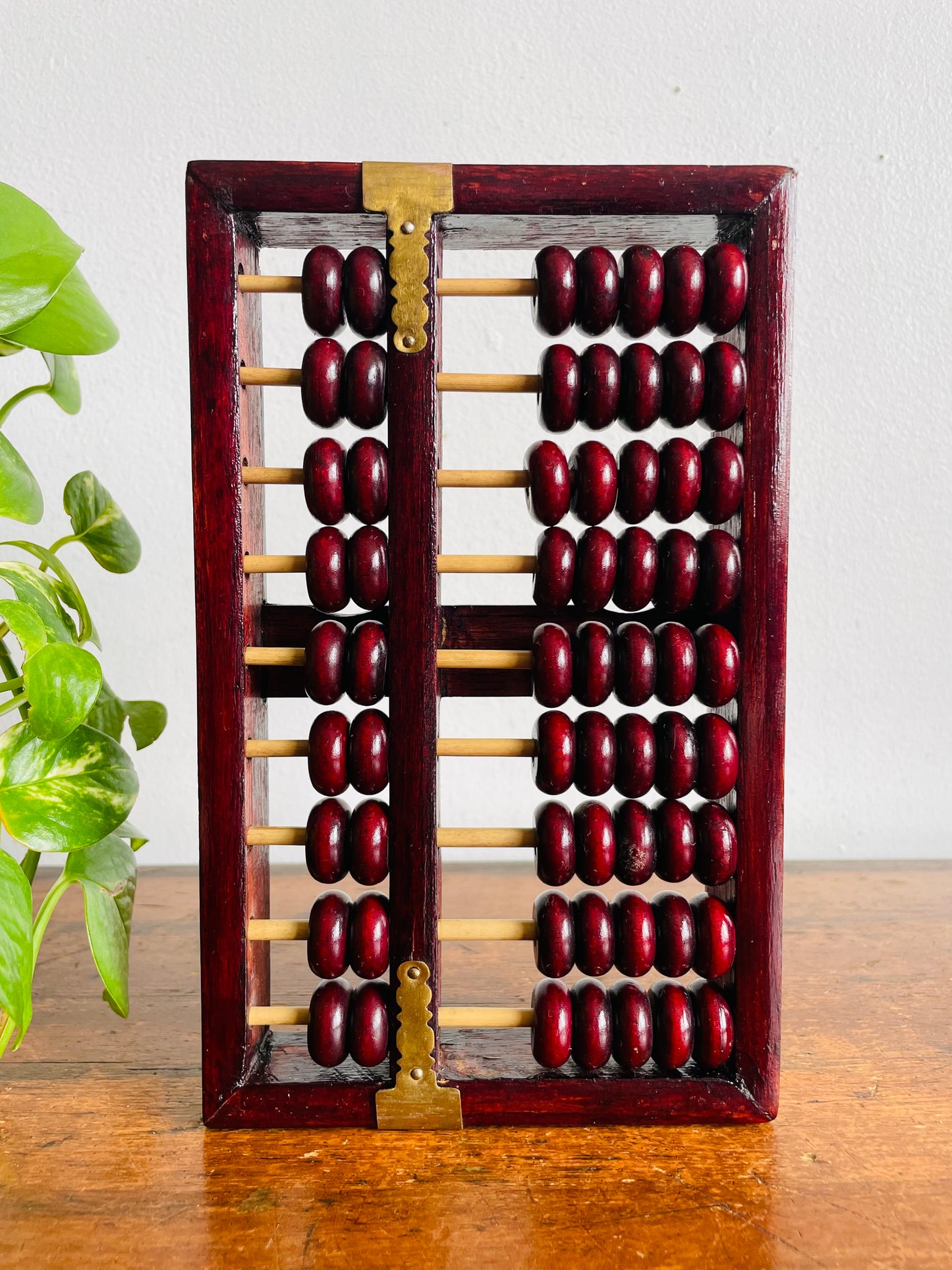 Vintage Red Lion Brand Chinese Suanpan Wood Abacus with Brass Details