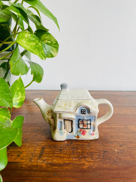 Miniature & Adorable Teapot - Country Cottage with Blue & Black Windows & Door