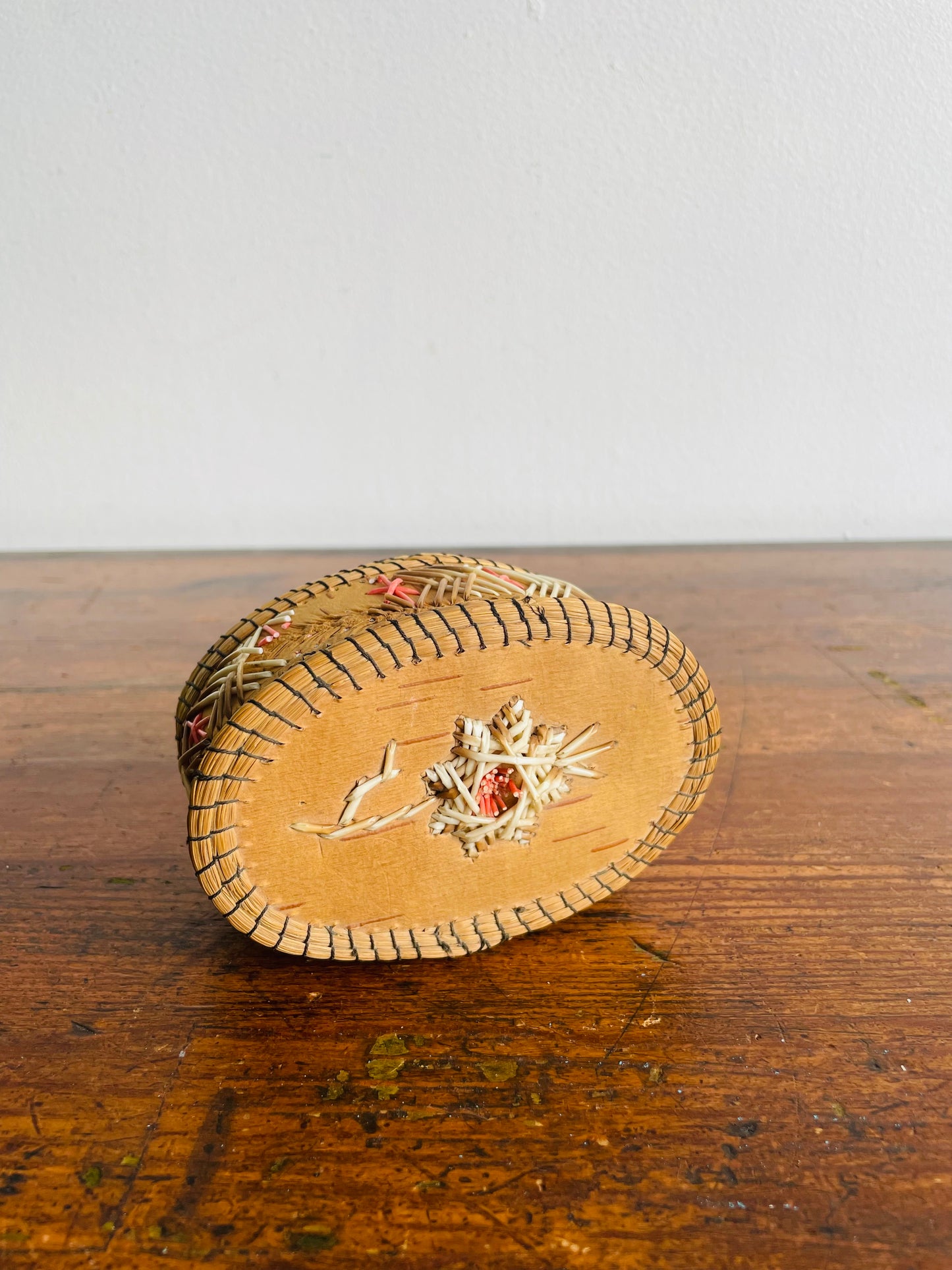 Indigenous Birch Bark & Porcupine Quill Oval Shaped Box with Lid