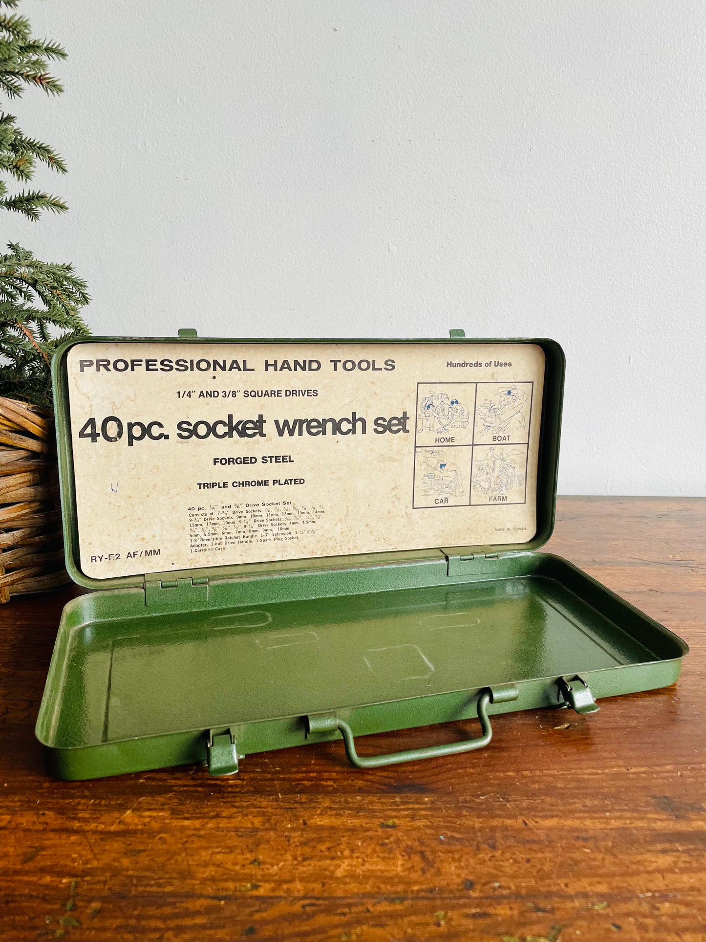 Slim Green Metal Tool Case - Originally Intended for a 40 pc. Socket Wrench Set - Made in Taiwan