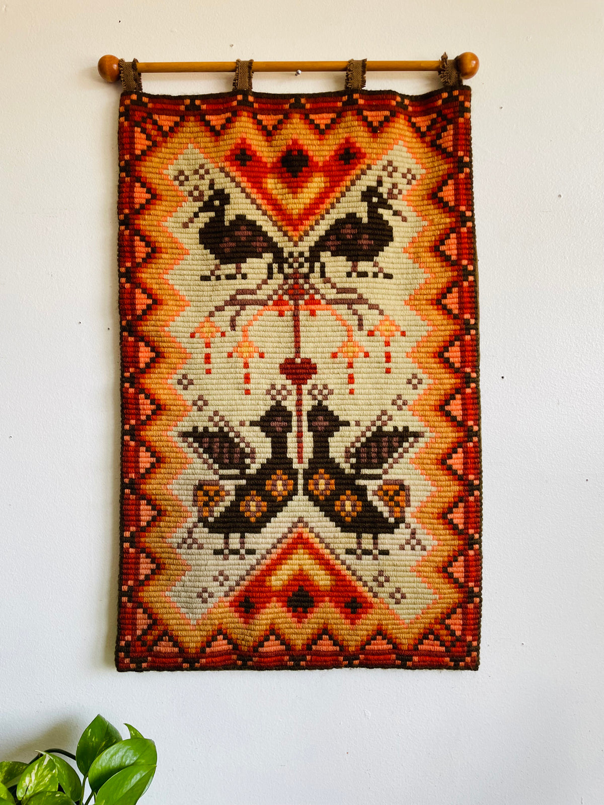 Vintage Mid-Century Modern Scandinavian Needlepoint Embroidery Wall Hanging Tapestry on Wood Dowel Rod - Orange, Red, Yellow, Brown & Cream Colours - Bird, Heart, Flower & Geometric Shape Design