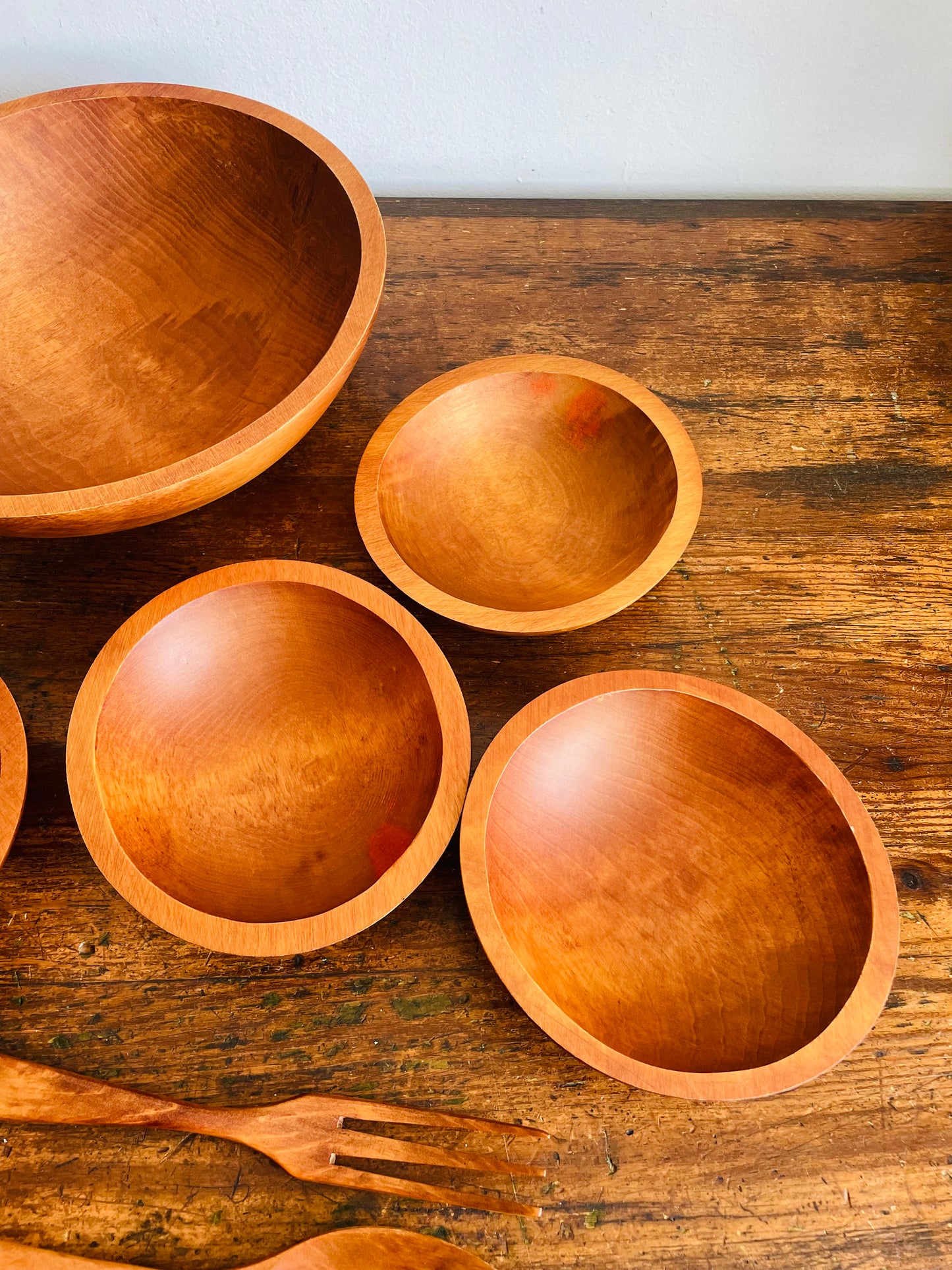 Vintage Brand New in Box Baribocraft / Lesko Baribo Maid Wooden Salad Serving Bowl Set with Utensils - Made in Quebec, Canada - Set of 7 Pieces