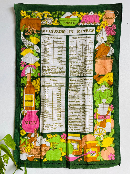 Vintage Irish Linen Tea Towel with Measuring In Metrics Guide & Adorable Bright Graphics - Old Bleach Made in Ireland