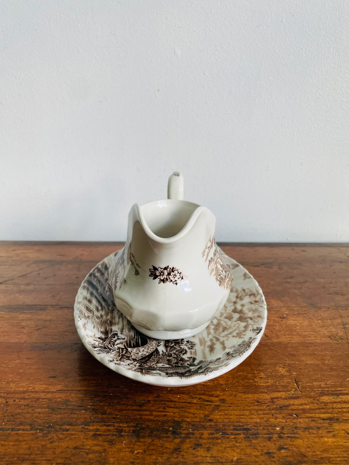 Vintage Ridgway Staffordshire England "Country Days" Brown Transferware Pattern Gravy Sauce Boat & Plate