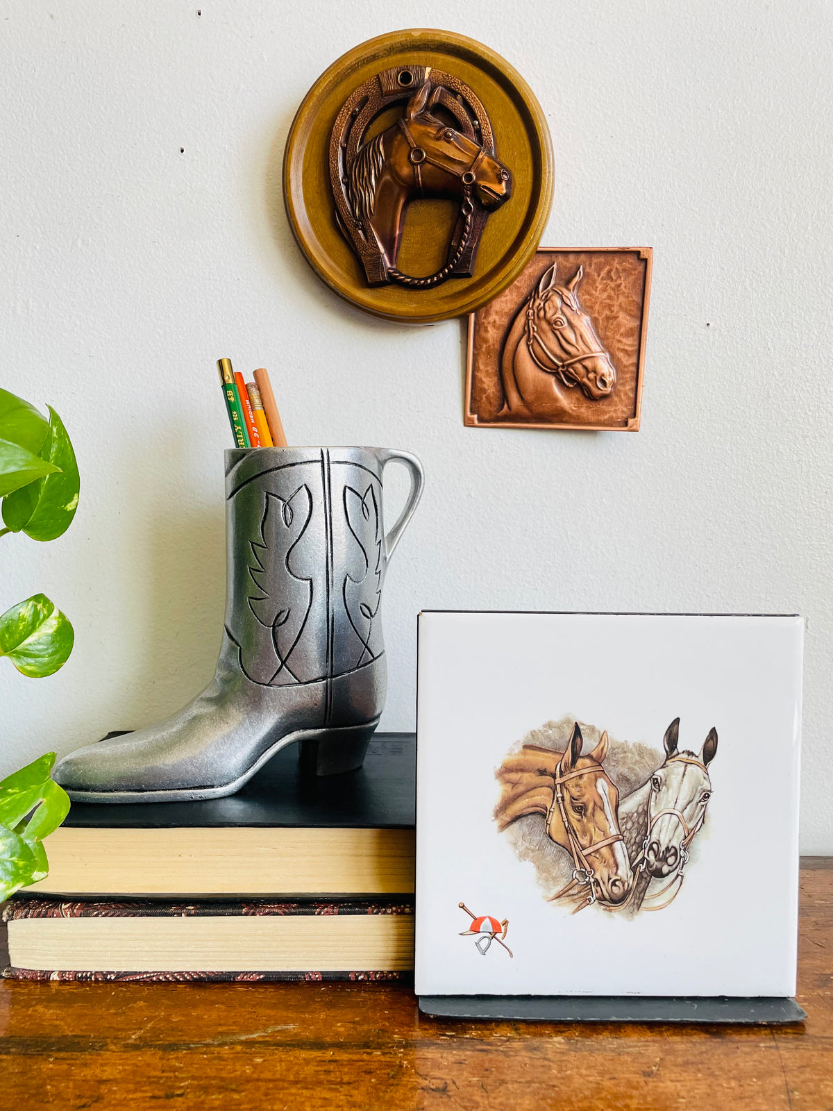 Vintage Tile & Metal Single Bookend with Equestrian Horse Design - Hunnisett & Edmonds, Toronto