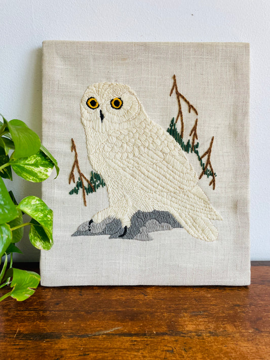 Snowy White Owl Crewel Needlepoint Embroidery Picture - 1972 Valley Craft Canada