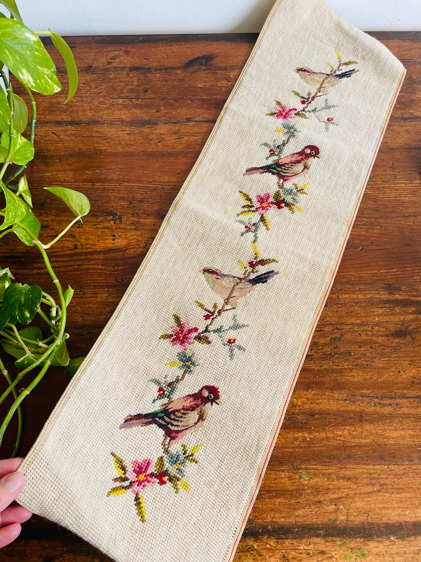 Long Needlepoint Embroidery Panel of Birds & Flowers