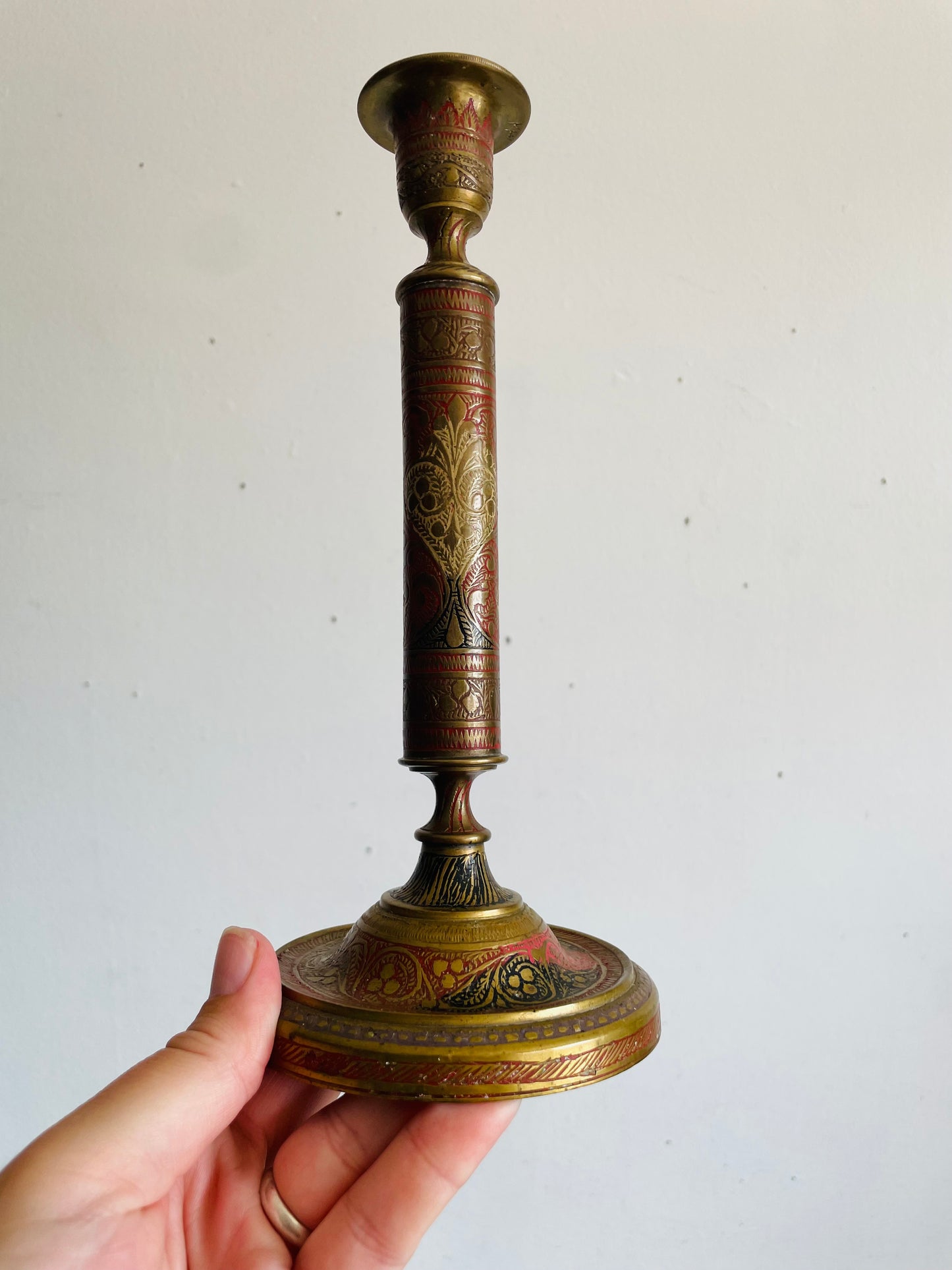 Vintage Solid Enamelled Brass 9" Tall Candle Holder