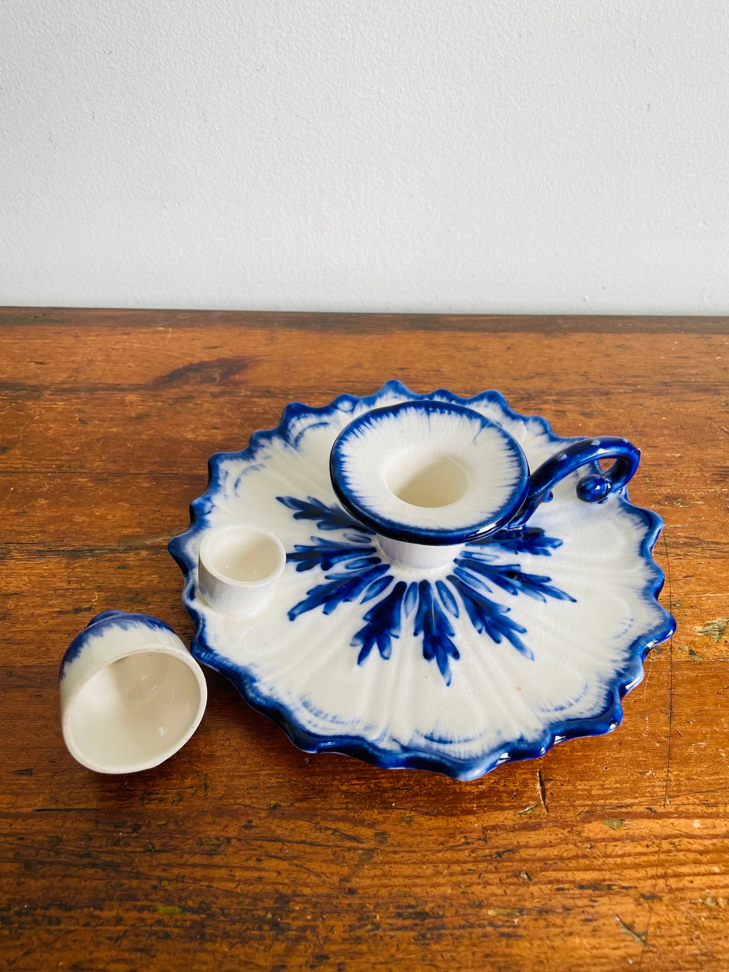Vintage Staffordshire England Blue & White Ironstone Chamberstick Candle Holder with Snuffer