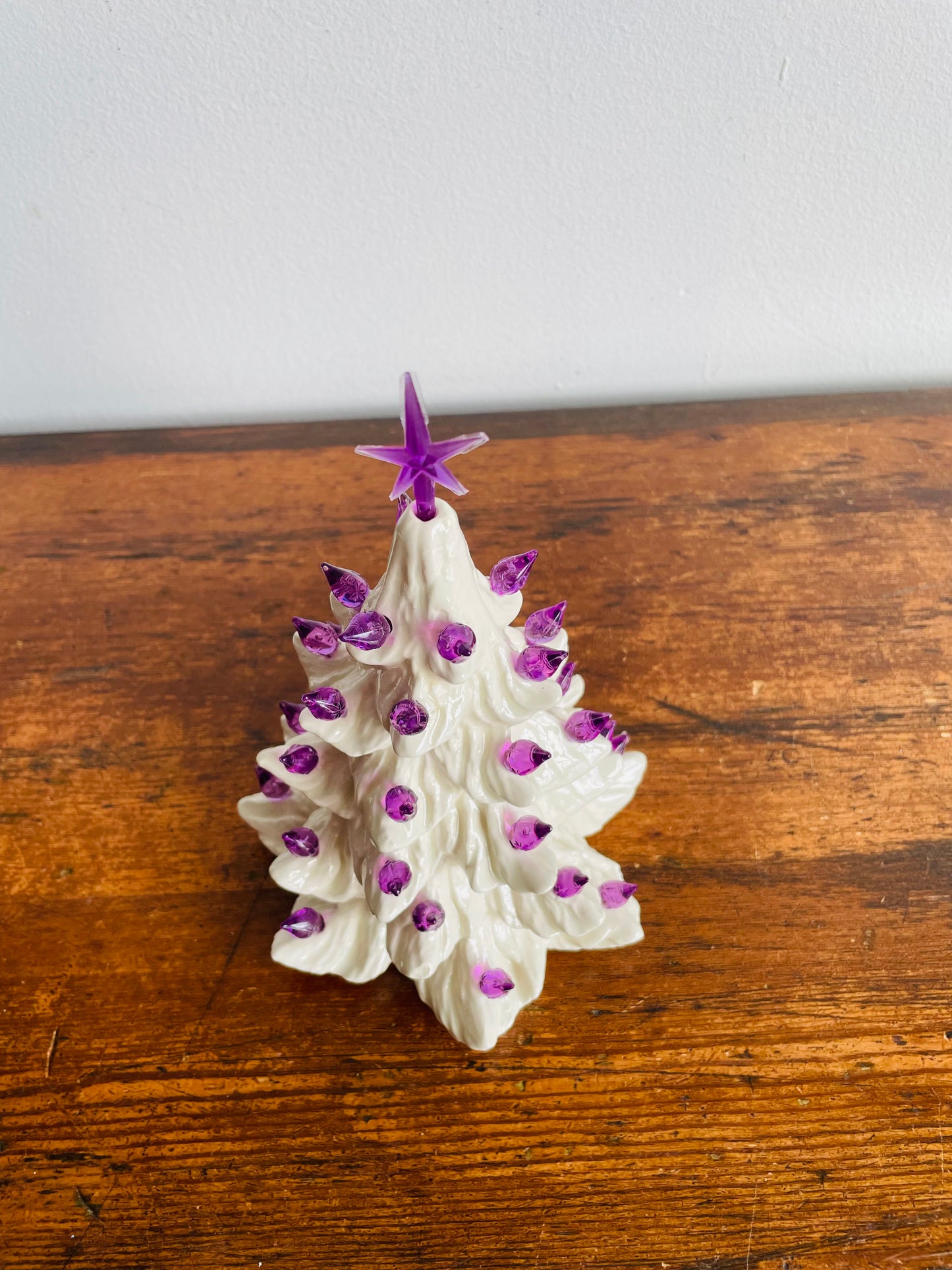 Miniature White Ceramic Light Up Christmas Tree with Purple Bulbs & Star (2005)