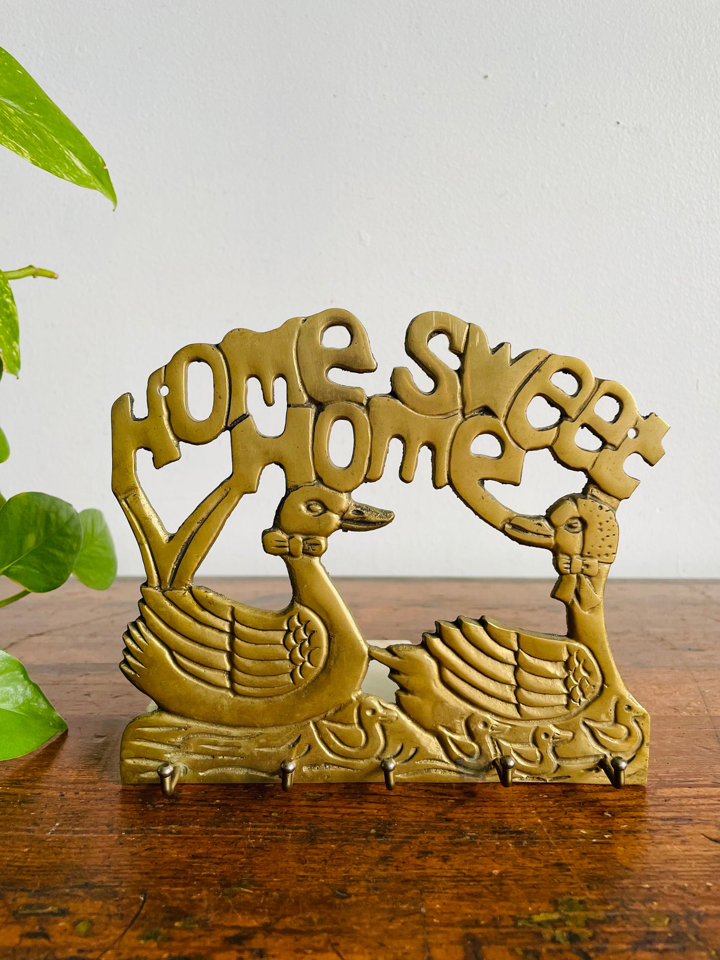 Vintage Solid Brass Home Sweet Home Key Holder Hanger Rack with Duck Family & 5 Hooks