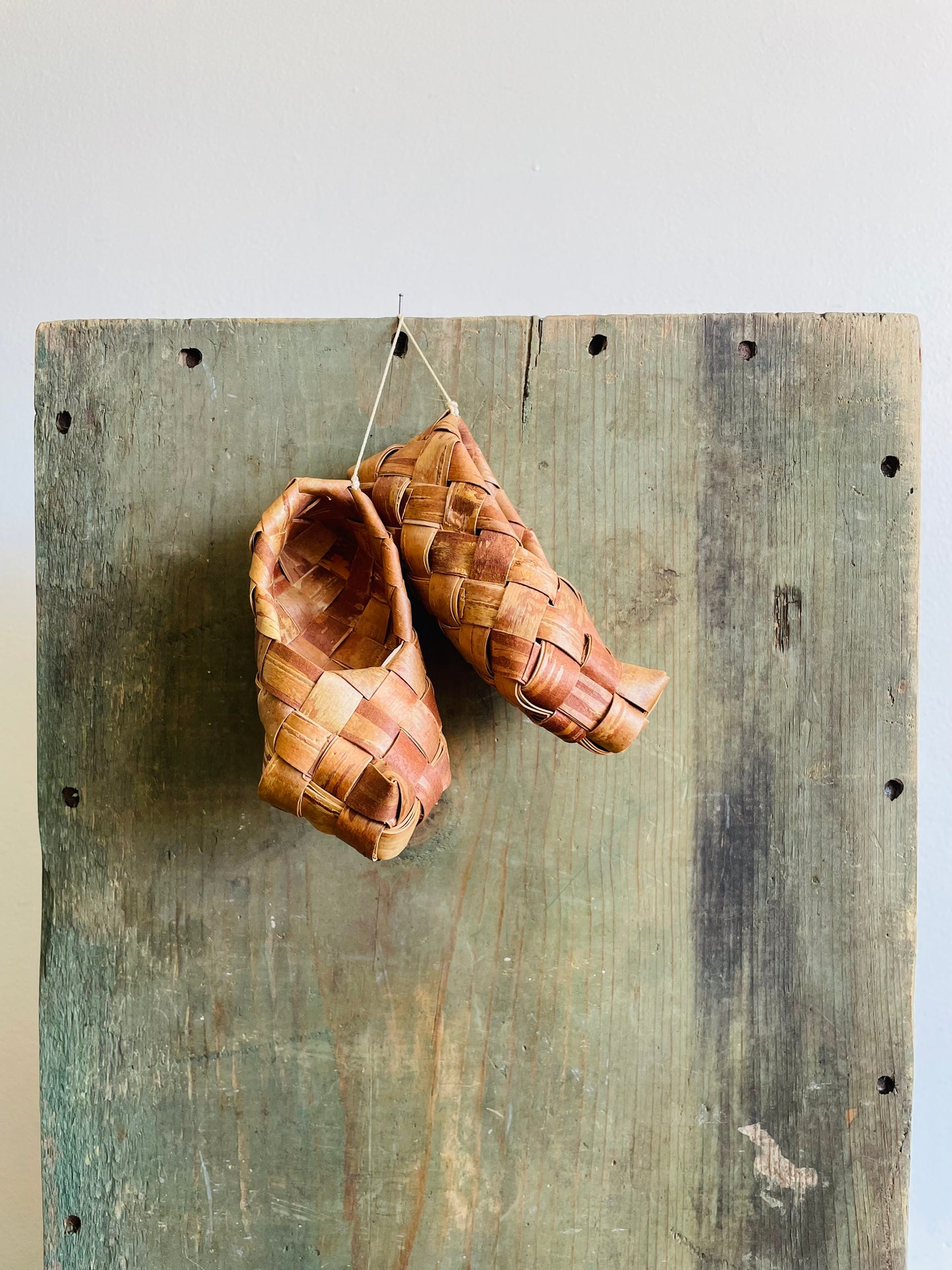 Finnish Birch Bark Woven Wood Shoes # 1 - Set of 2 Hanging on Rope
