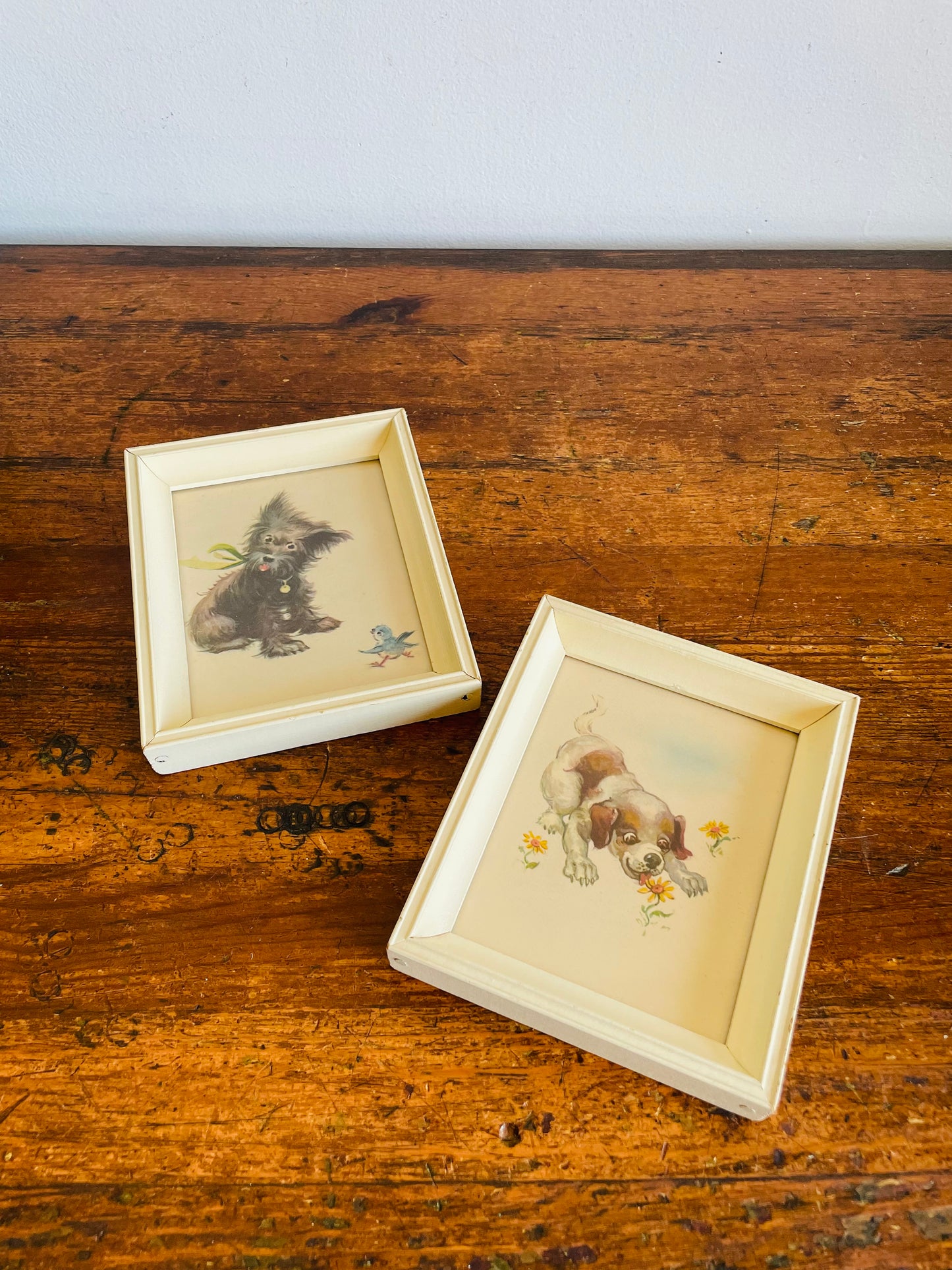 Vintage Adorable & Sweet Puppy Dog Print Pictures in Cream Frames - Set of 2