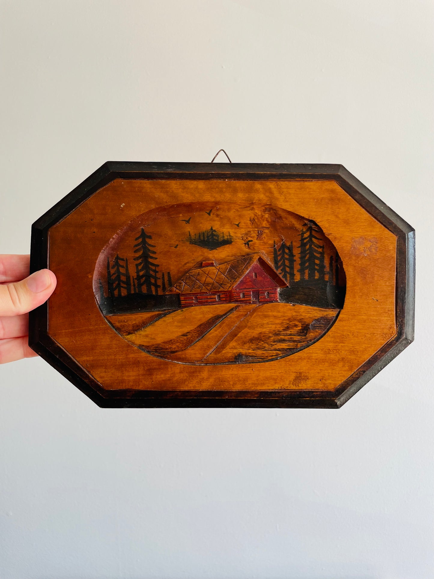 Red Cabin in Forest Picture - Carved from a Single Piece of Wood
