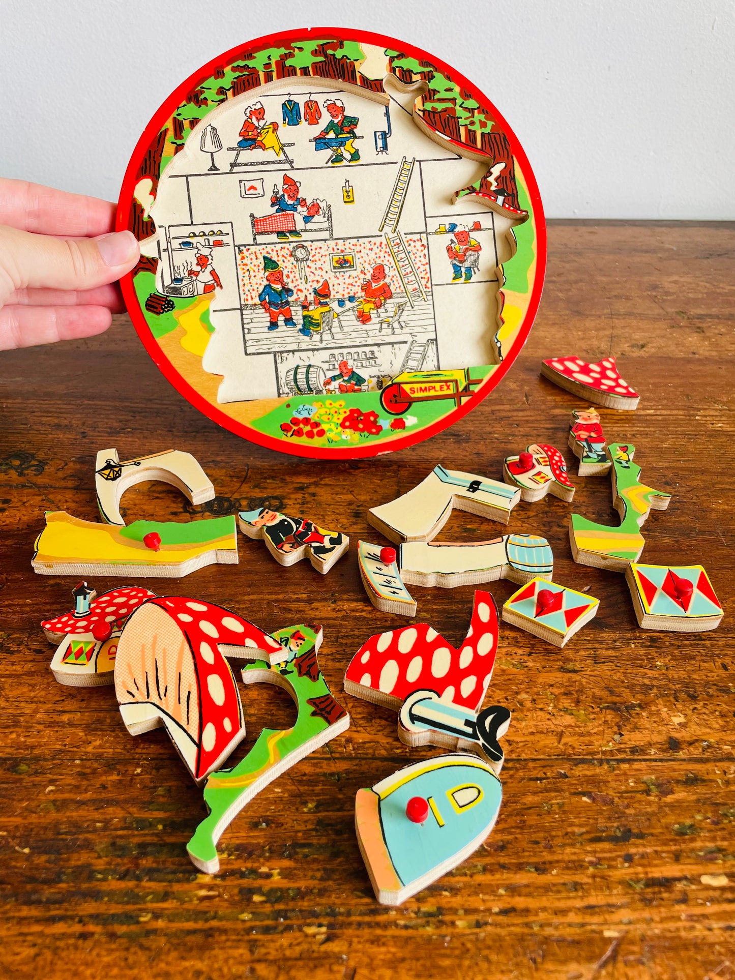 Vintage Simplex Round Wooden Knob Handle Puzzle with Gnome & Mushroom House Design - Made in Holland
