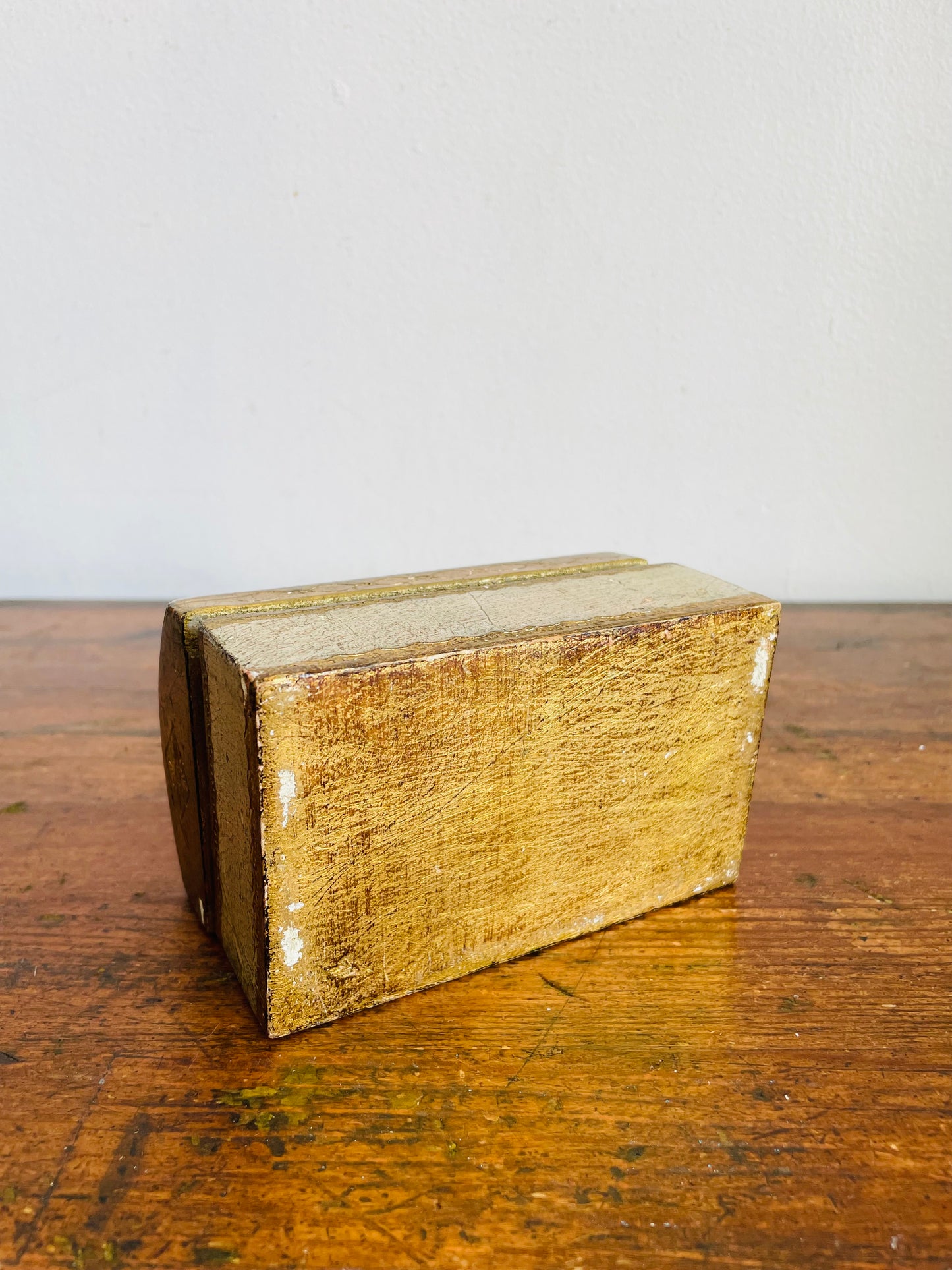 Vintage Florentine Wooden Trinket Box with Rounded Hinged Lid - Gold & Floral Hand Painted Design - Interior Lined