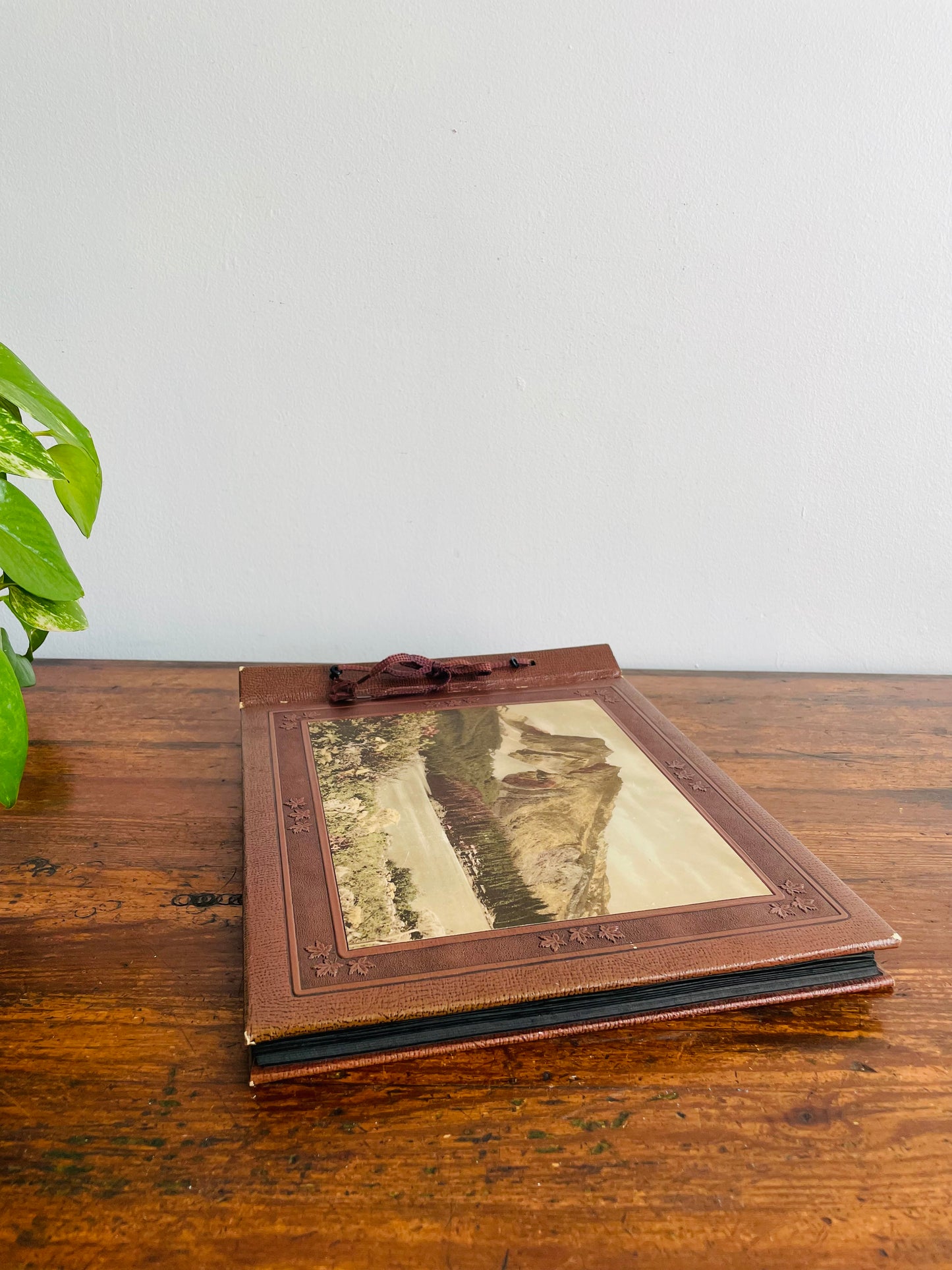 Antique Photo Album or Scrapbook - Brown with Embossed Maple Leaves & Landscape Photo of Mountain with Cabins - Black Pages - Empty