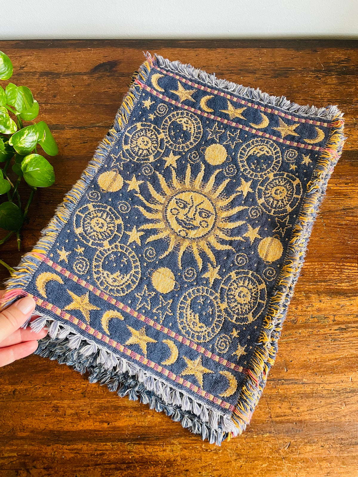 Vintage Blue & Yellow Reversible Celestial Tapestry Fabric Fringed Placemats with Sun, Moon & Star Design - Whimsigoth Decor - Set of 6