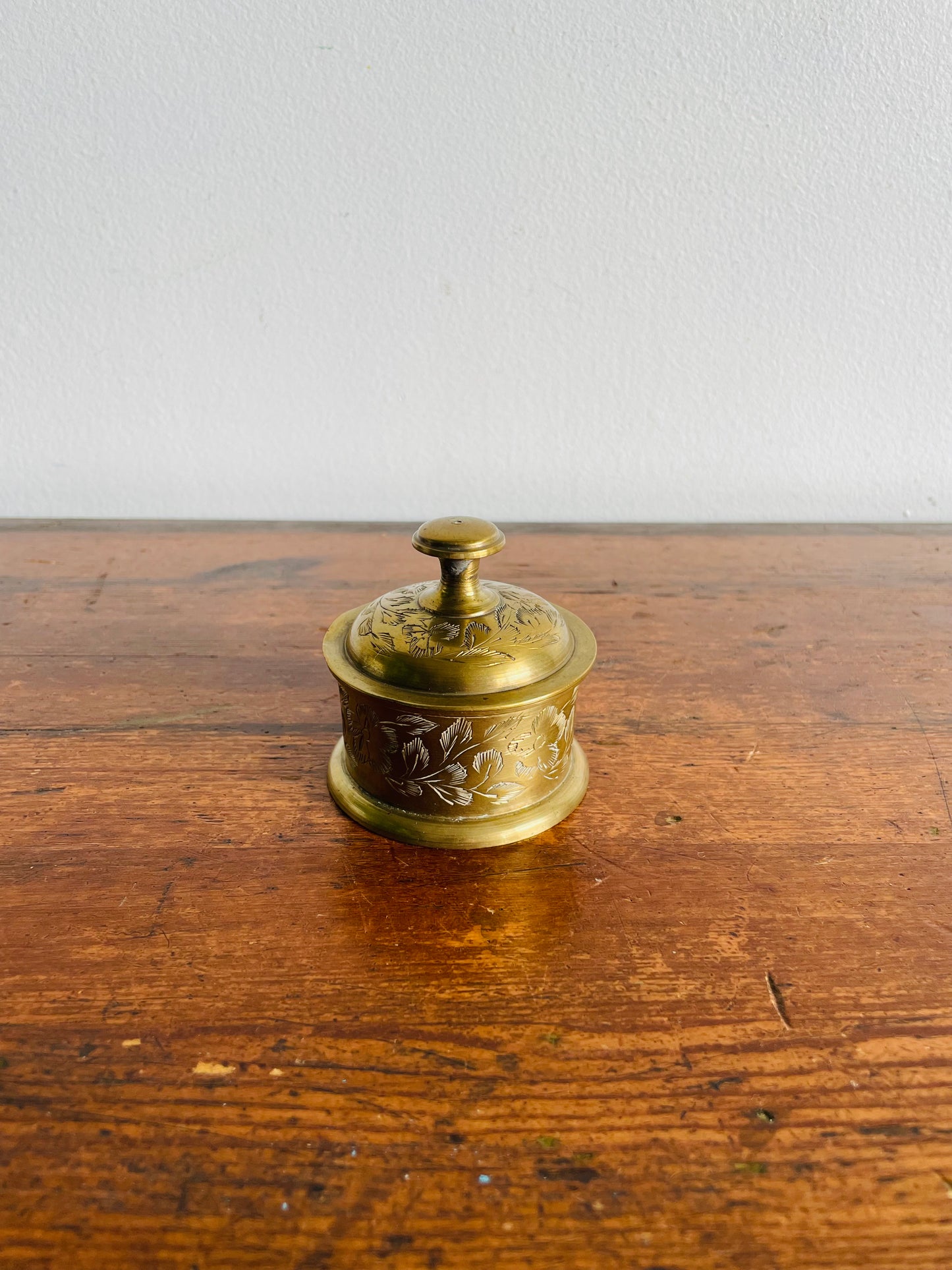 Etched Solid Brass Round Trinket Dish with Lid - Made in India