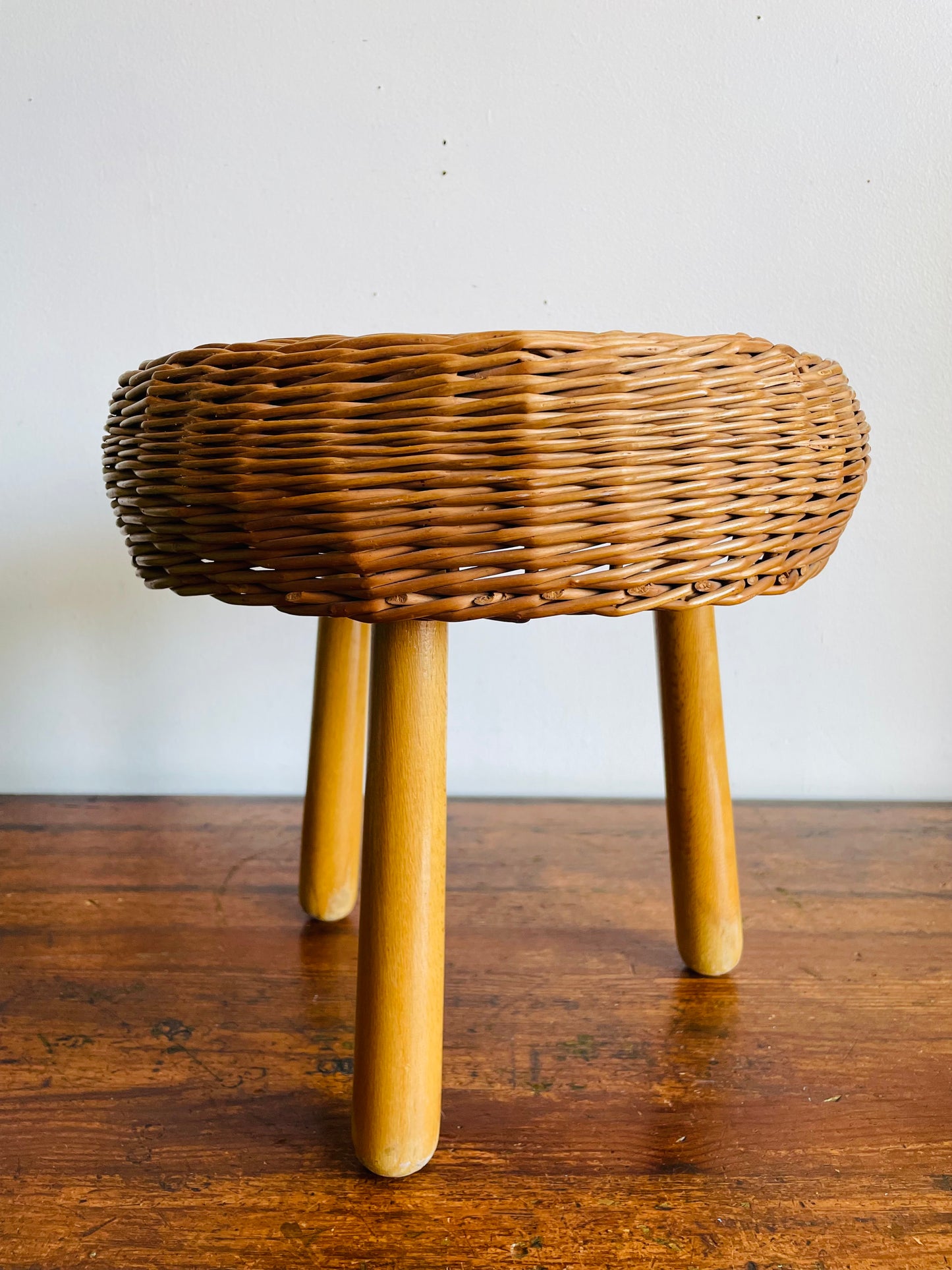 Vintage Mid-Century Modern Tony Paul Attributed Style Wood & Wicker Footrest Stool or Small Side Table with Tripod Spindle Legs