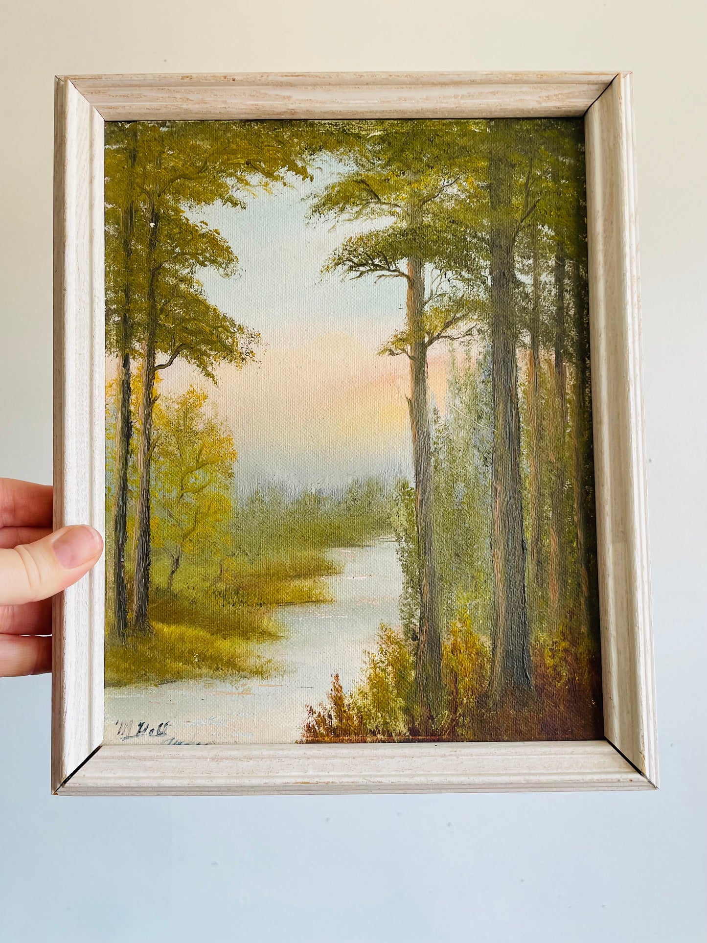 Vintage Original Art Painting Picture of Stream Through Forest in White Wood Frame - Artist Signed