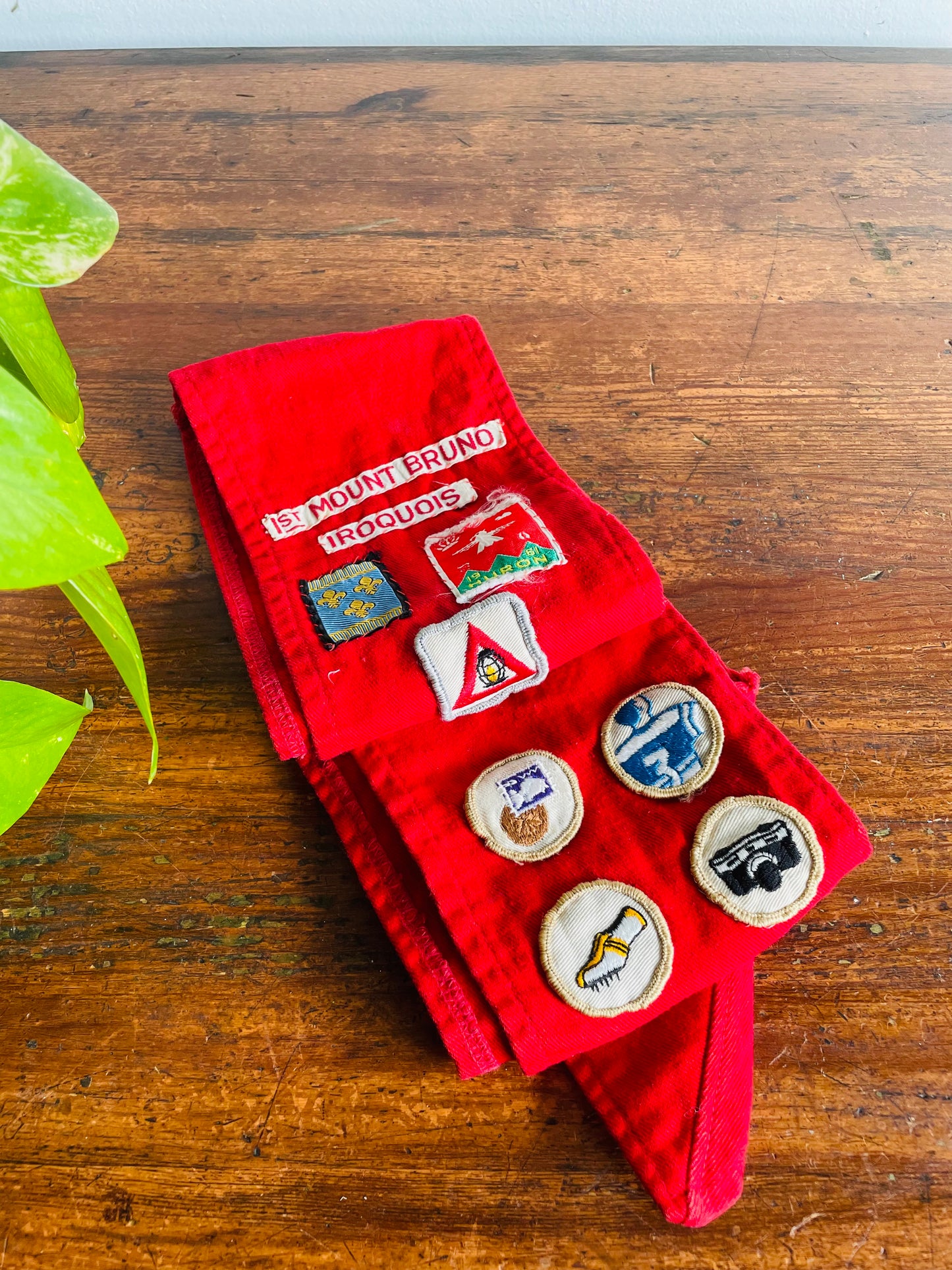 1960s Boy Scouts of Canada Red Merit Badge Sash with 7 Patches - 1st Mount Bruno Iroquois