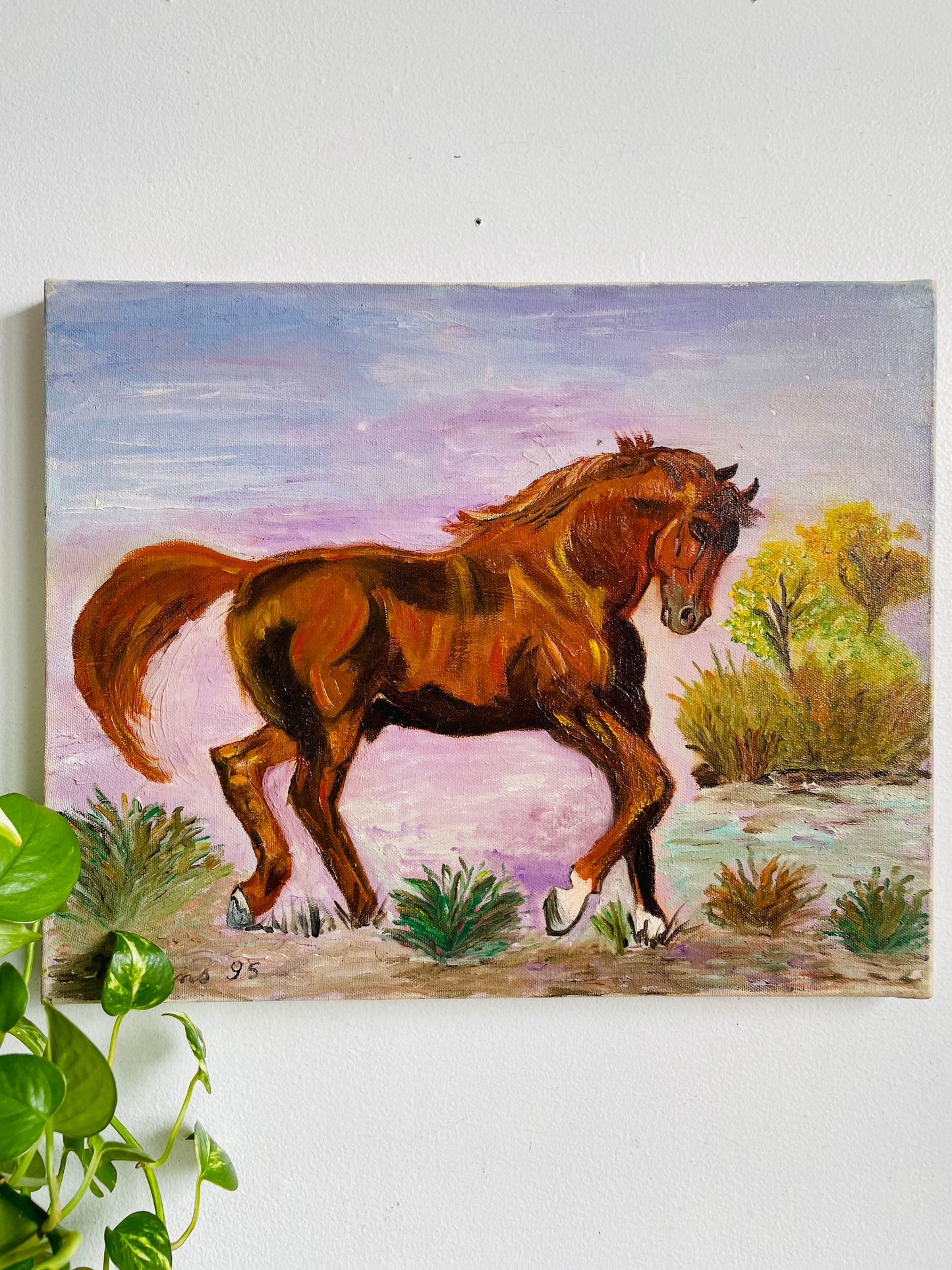 Vintage 1995 Original Art Painting Equestrian Picture of Prancing Brown Horse with Purple Sky - Artist Signed