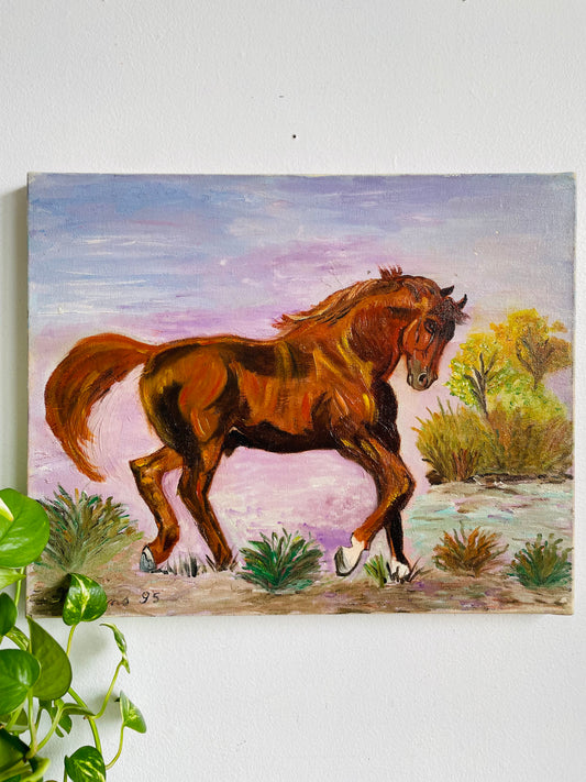 Vintage 1995 Original Art Painting Equestrian Picture of Prancing Brown Horse with Purple Sky - Artist Signed