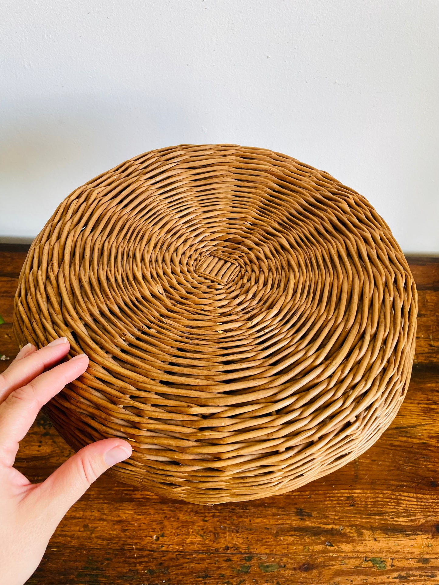 Vintage Mid-Century Modern Tony Paul Attributed Style Wood & Wicker Footrest Stool or Small Side Table with Tripod Spindle Legs