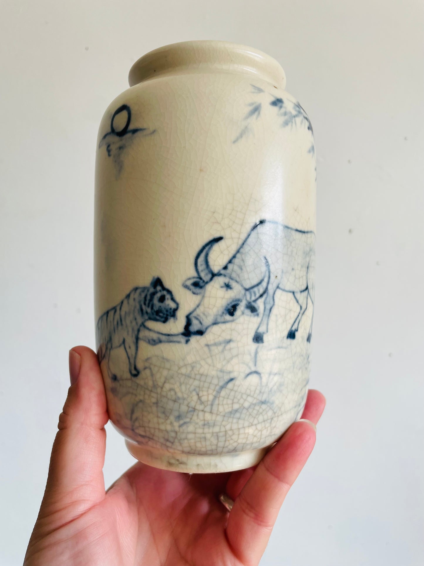 Vintage Hand Painted Blue & White Chinese Vase with Ox, Tiger & Bamboo Design