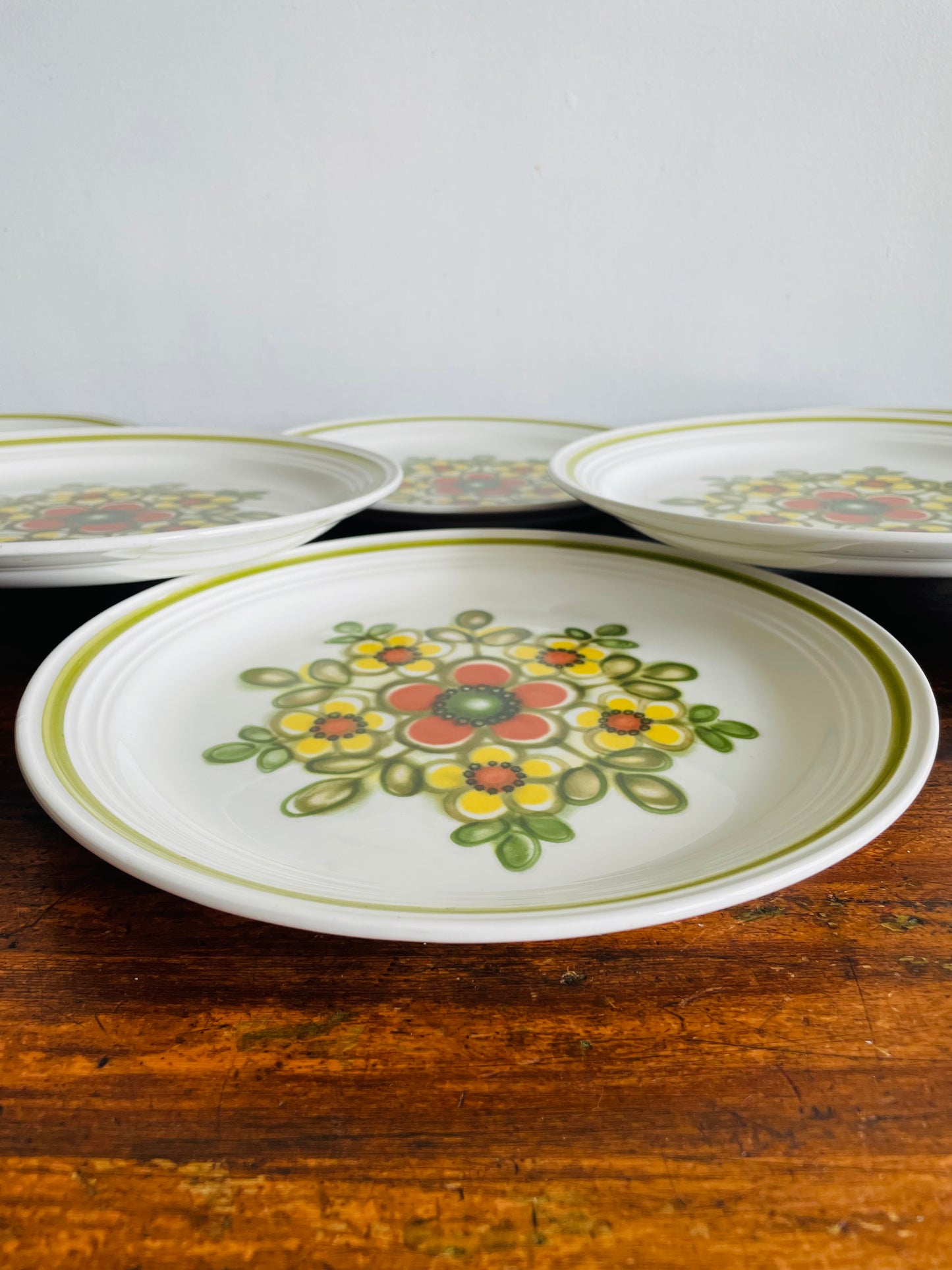 Vintage 10" Dinner Plates with Groovy Orange, Yellow & Green Flower Power Pattern - Set of 8 -  Made in England