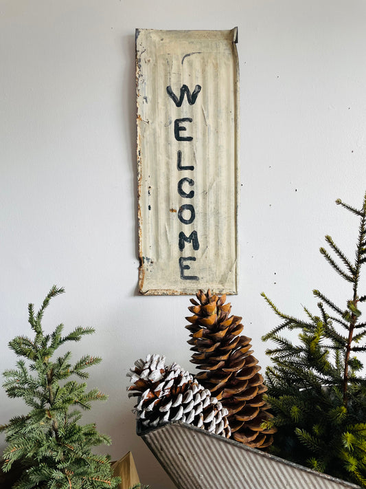 Rustic Hand Painted White & Black Welcome Sign on Metal Background - Can Hang or Stand