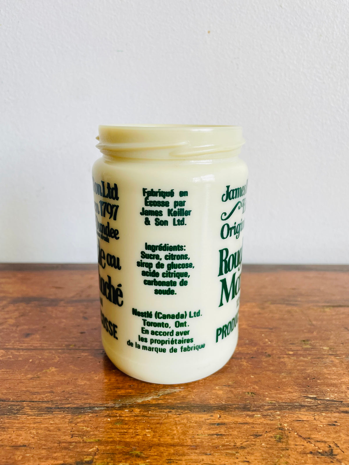 Vintage James Keiller & Son Ltd. Roughcut Lemon Marmalade Milk Glass Jar - Green Font In English & French for Canadian Distribution - Product of Scotland