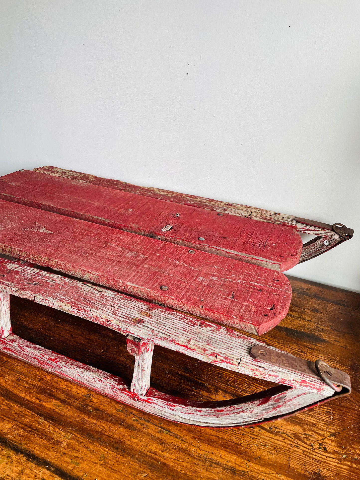 Vintage Rustic & Weathered Chippy Red Sled with Metal Runners & Hardware - Makes Great Porch Decor!