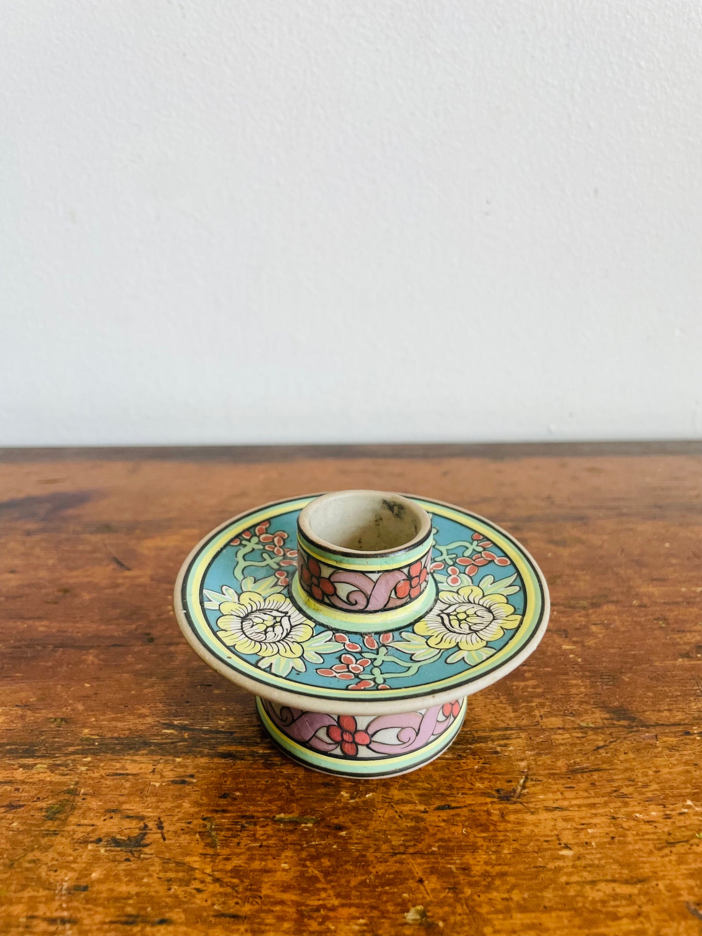 Vintage Baan Celadon Chiang Mai Pottery Candle Holder with Beautiful Flower Design - Made in Thailand