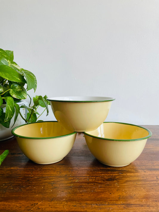Vintage Goldfish Brand Deep Enamelware Bowls - Pale Yellow with Green Rims - Set of 3